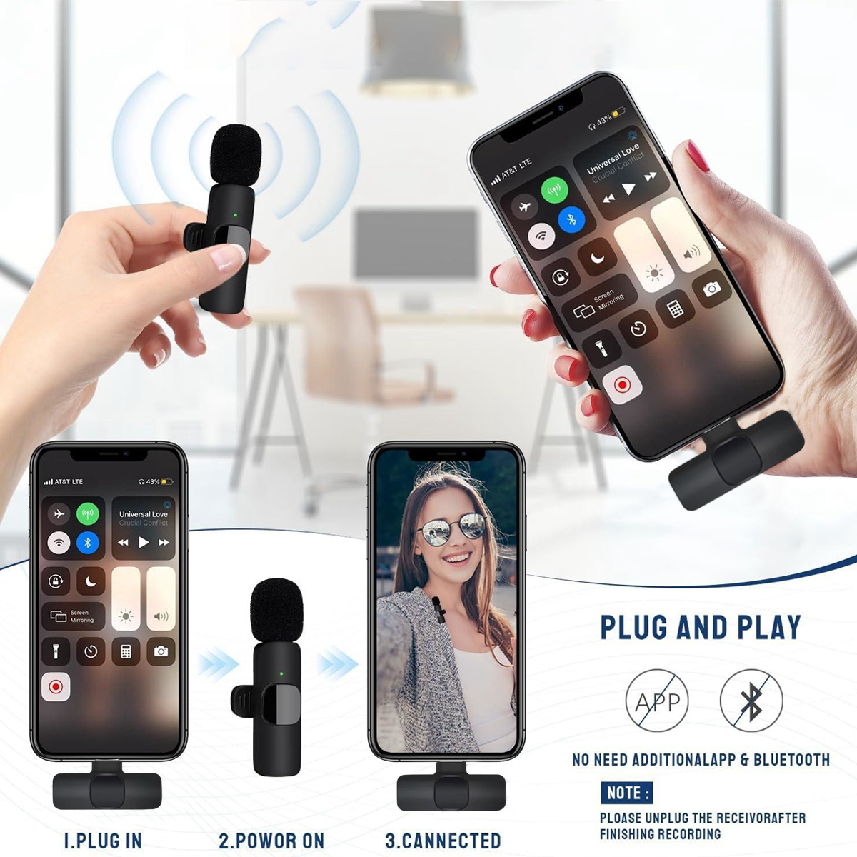 Diagramm zur Verwendung eines drahtlosen Mikrofons mit einem Telefon. Stecken, einschalten, verbunden.