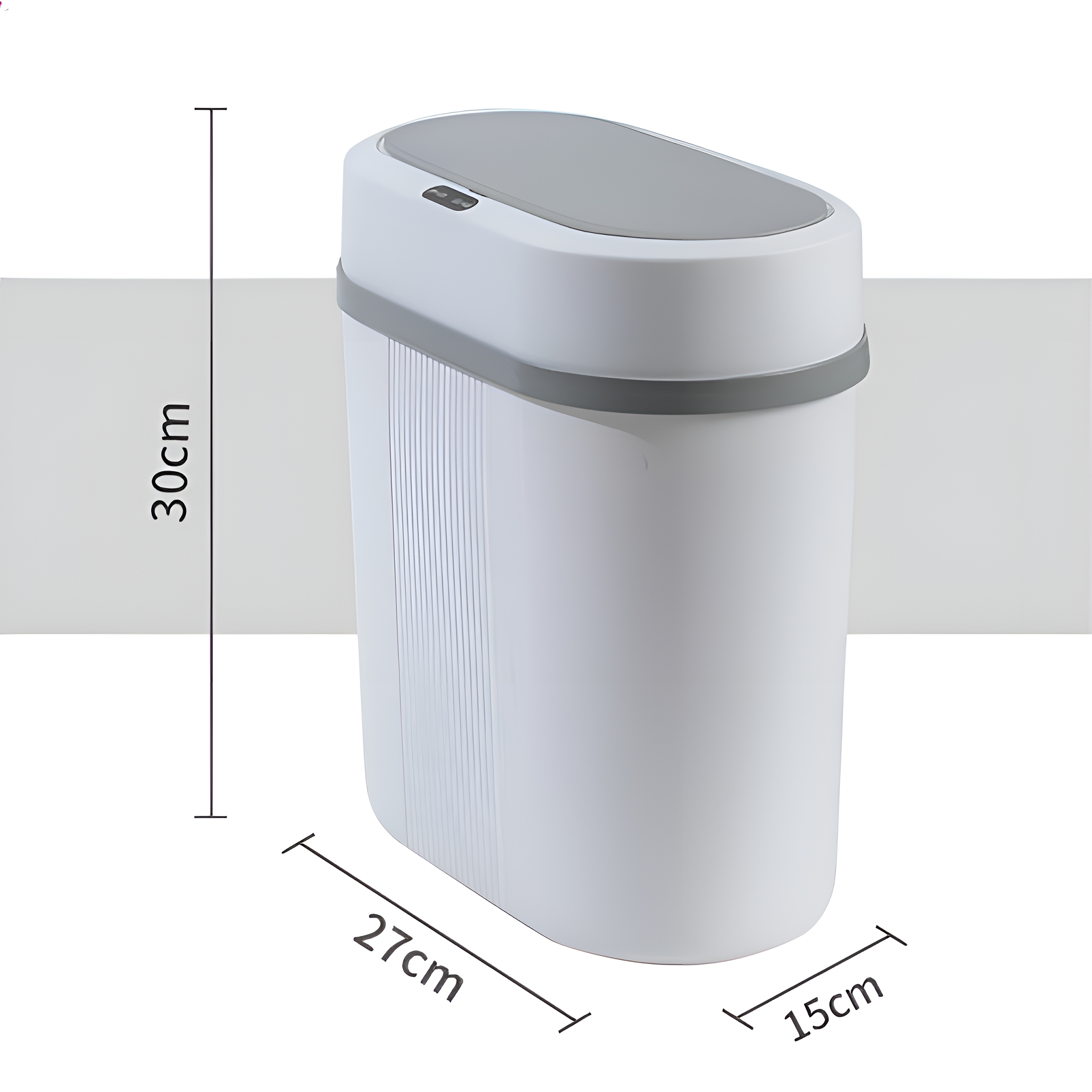 Ein weißer und grauer Mülleimer. Die Abmessungen sind angegeben: 30 cm Höhe, 27 cm Breite und 15 cm Tiefe.