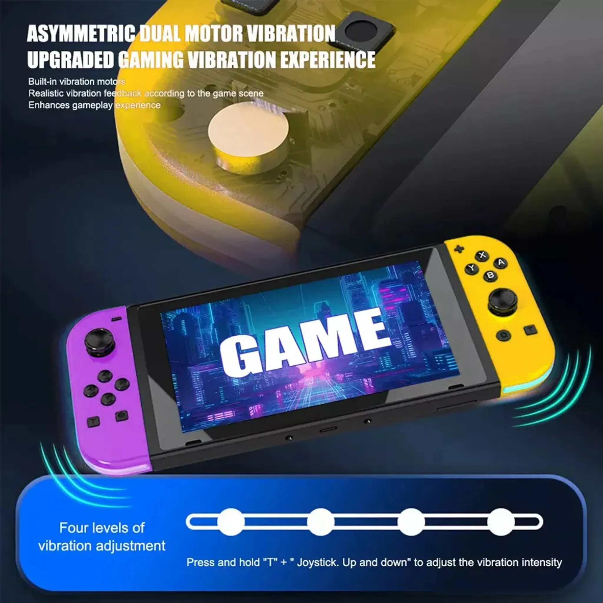Ein gelb-violetter Nintendo Switch-Controller mit Spielbildschirm. Text: GAME. Vibrationsanpassung wird gezeigt.