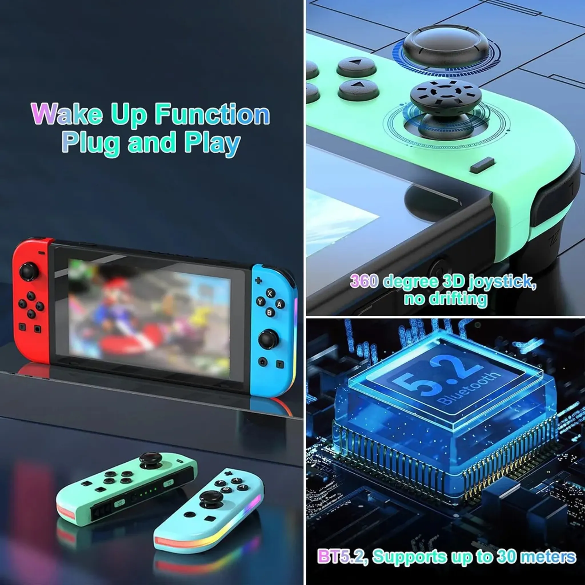 Gaming-Controller mit zwei angeschlossenen Joy-Cons, Funktionen wie Plug-and-Play, Bluetooth.