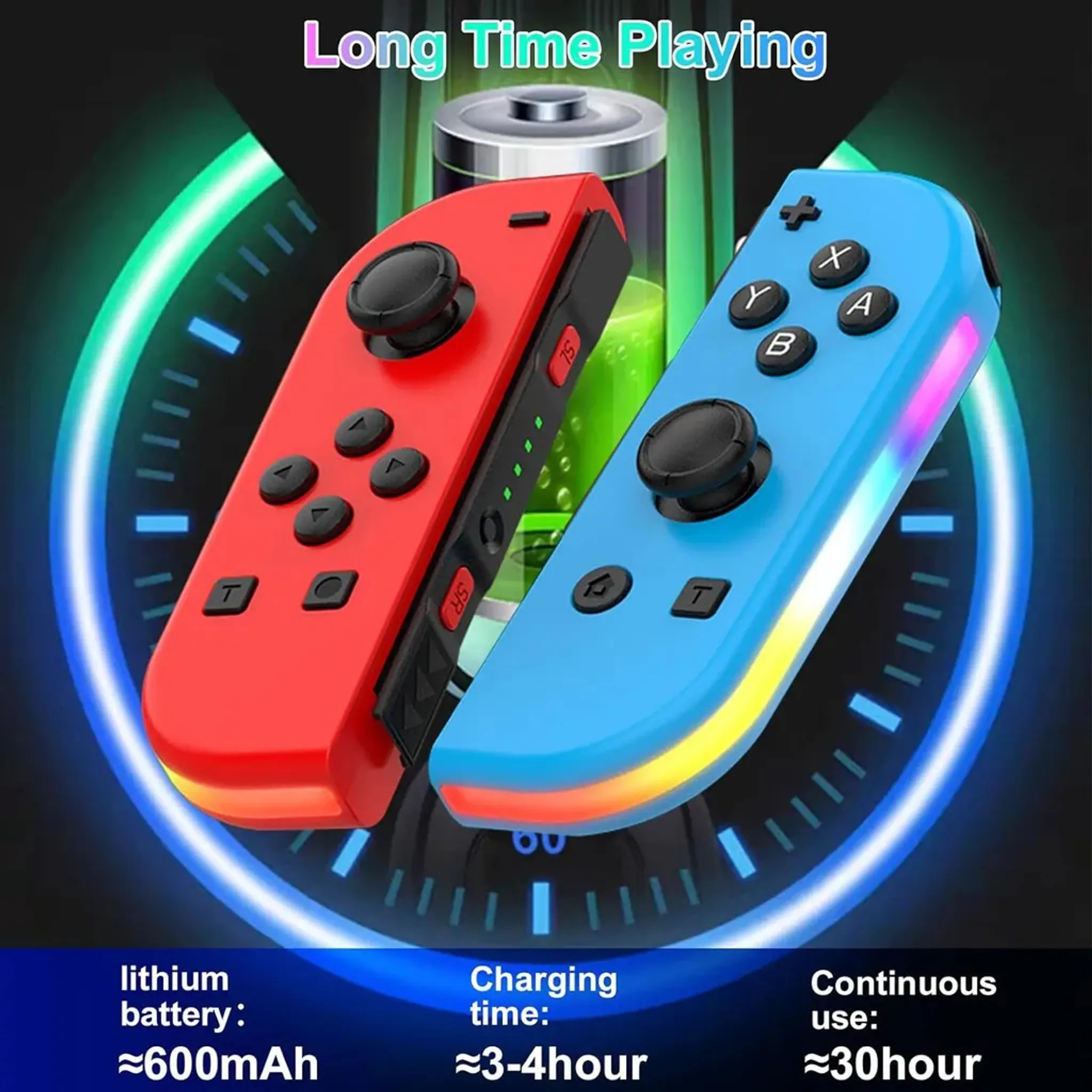 Rote und blaue Gamecontroller mit Ladezeit- und Batterieinformationen.