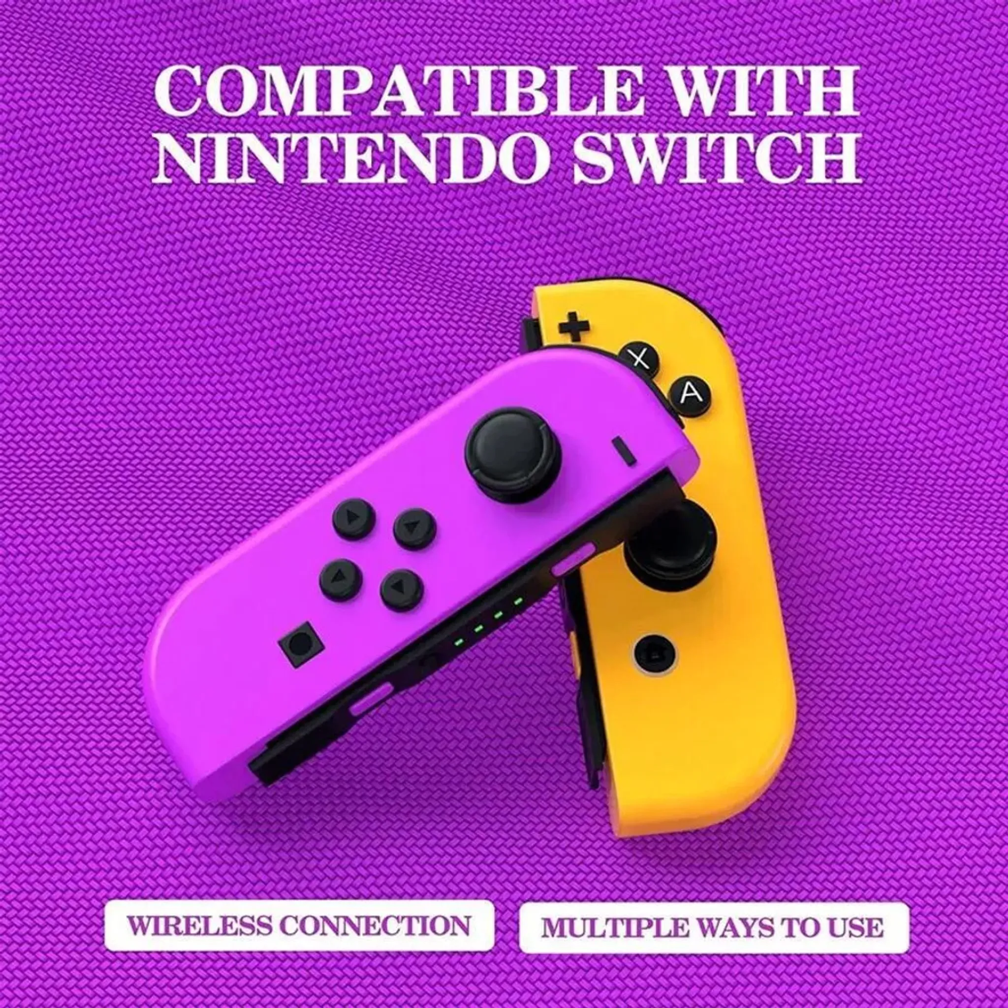 Nintendo Switch Controller, lila und gelb. Text: Kompatibel mit Nintendo Switch. Drahtlose Verbindung, mehrere Verwendungen.