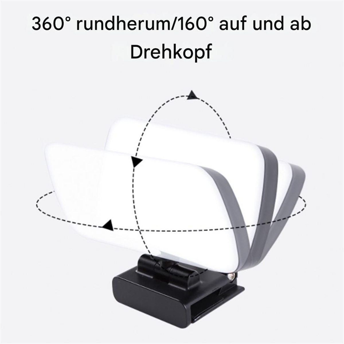 Weißes, schwenkbares Gerät auf schwarzer Basis mit Pfeilen und Text, wahrscheinlich Kamerazubehör.
