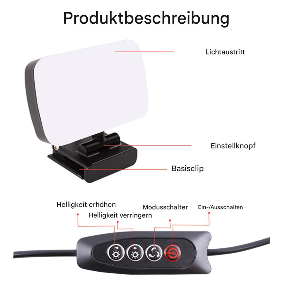 Nahaufnahme eines kleinen Lichts. Es hat einen Lichtausgang, einen Einstellknopf und einen Ein-/Ausschalter.