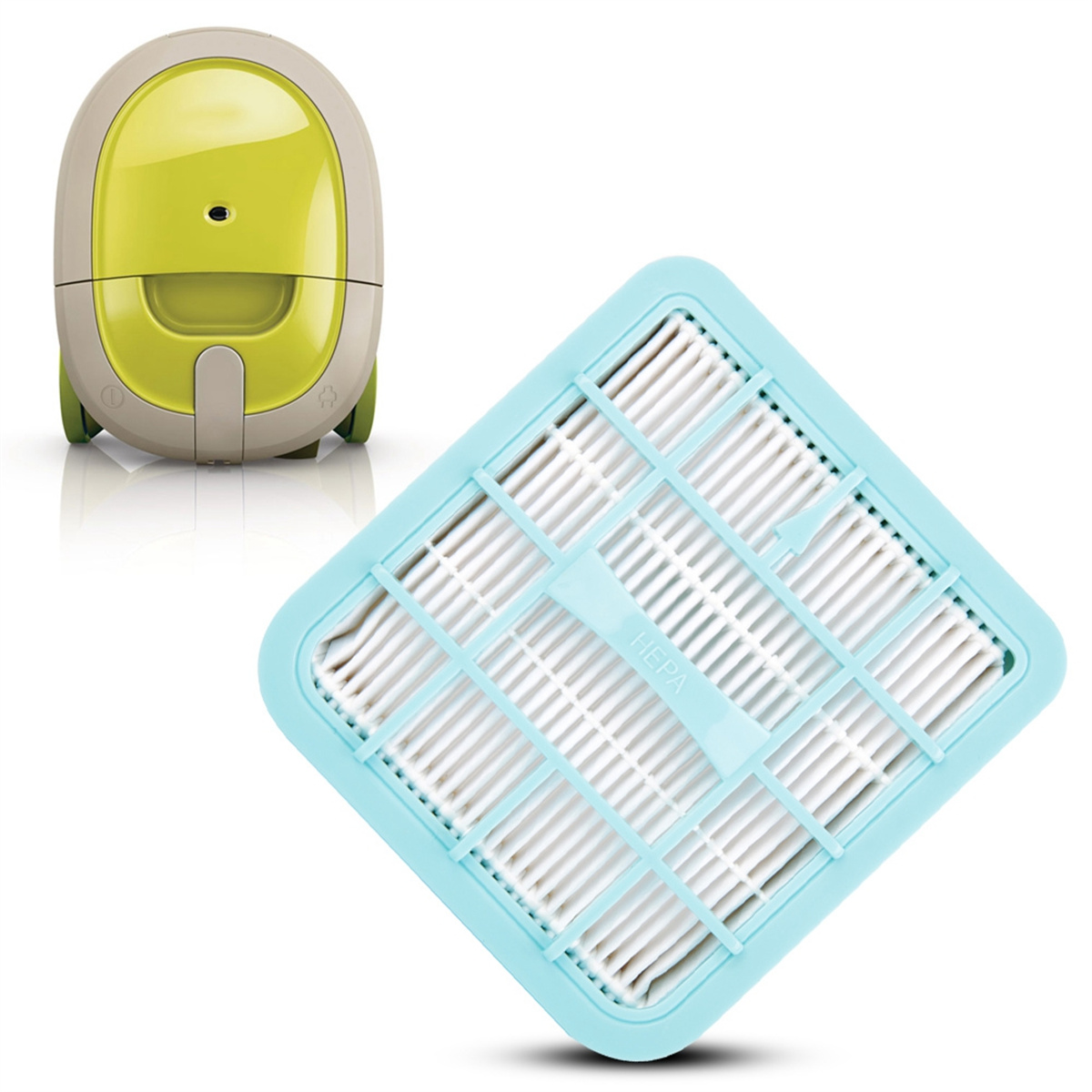Ein Staubsauger und ein HEPA-Filter. Der Filter ist blau und weiß, separat gezeigt.