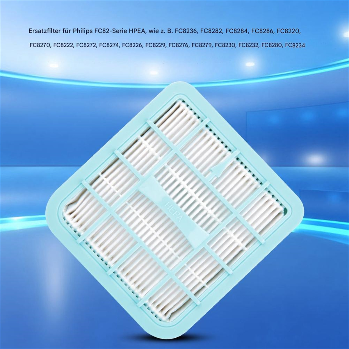 Blauer quadratischer Luftfilter mit weißem Filtermaterial und blauem Rahmen.