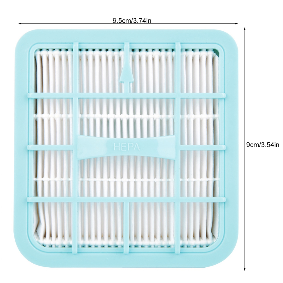 HEPA-Filter. Der Filter ist hellblau. Der Filter hat weiße Linien.