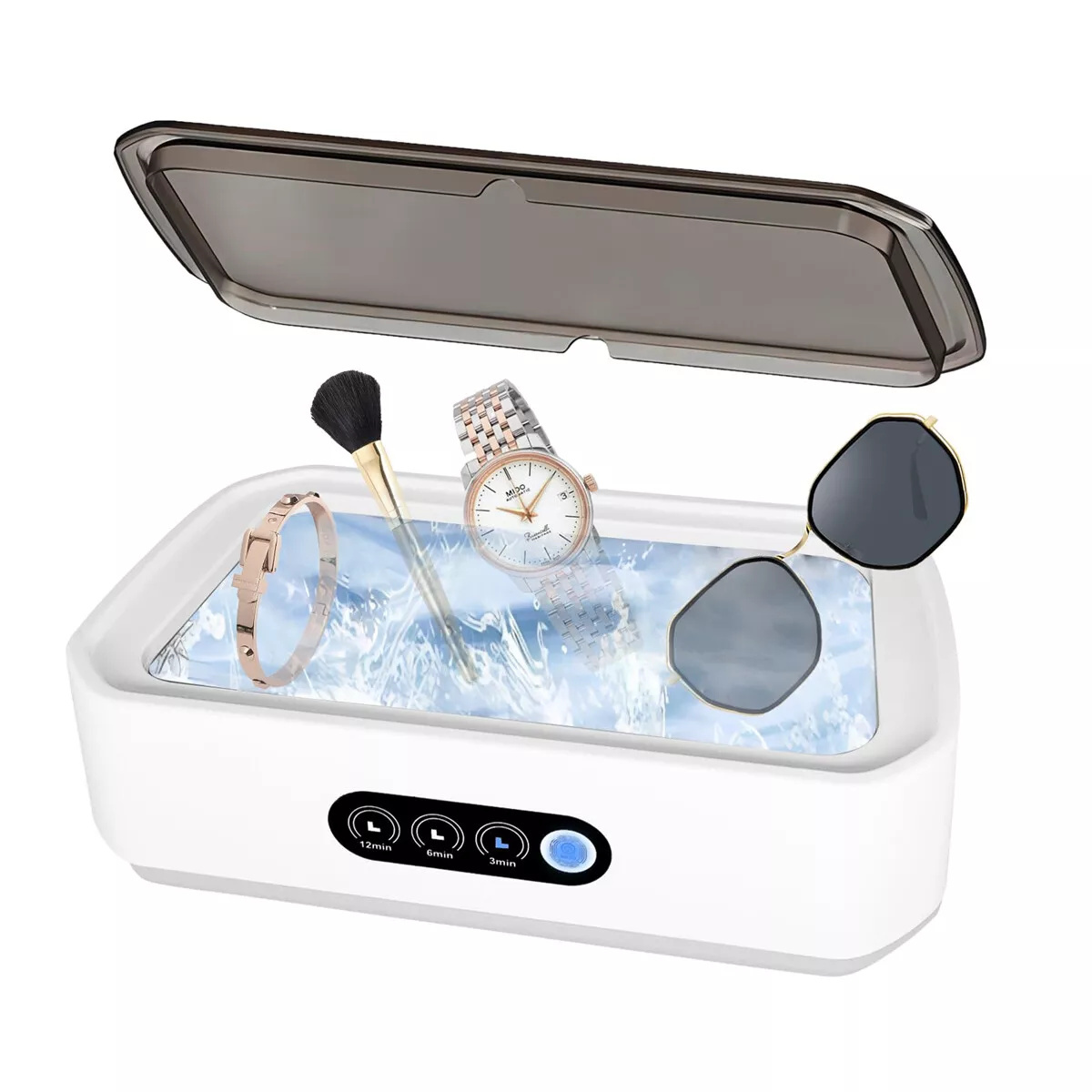 Weißes Reinigungsgerät mit Zubehör. Enthält eine Uhr, Sonnenbrille, Armband und Pinsel.