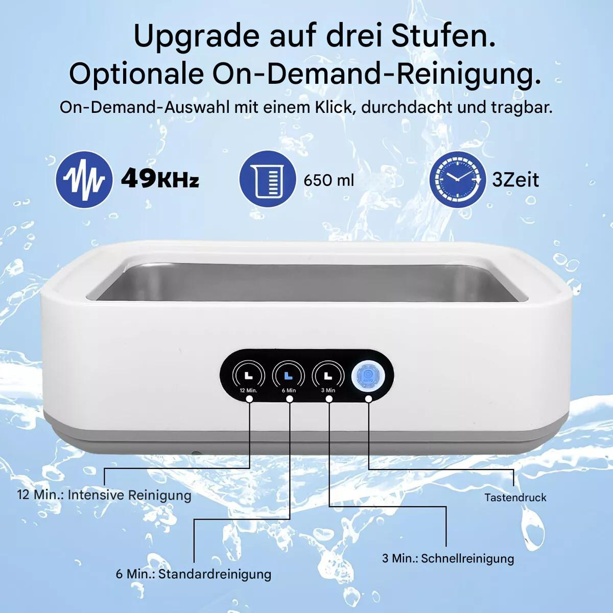 Weißer Ultraschallreiniger mit Bedienfeld und Knöpfen, mit deutschem Text, auf weißer Oberfläche.