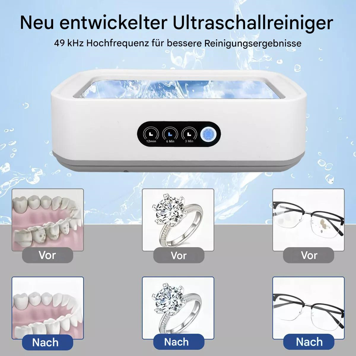 Ein Ultraschallreiniger, der Gegenstände wie Zähne, einen Ring und eine Brille reinigt. Die Gegenstände sind sauber.