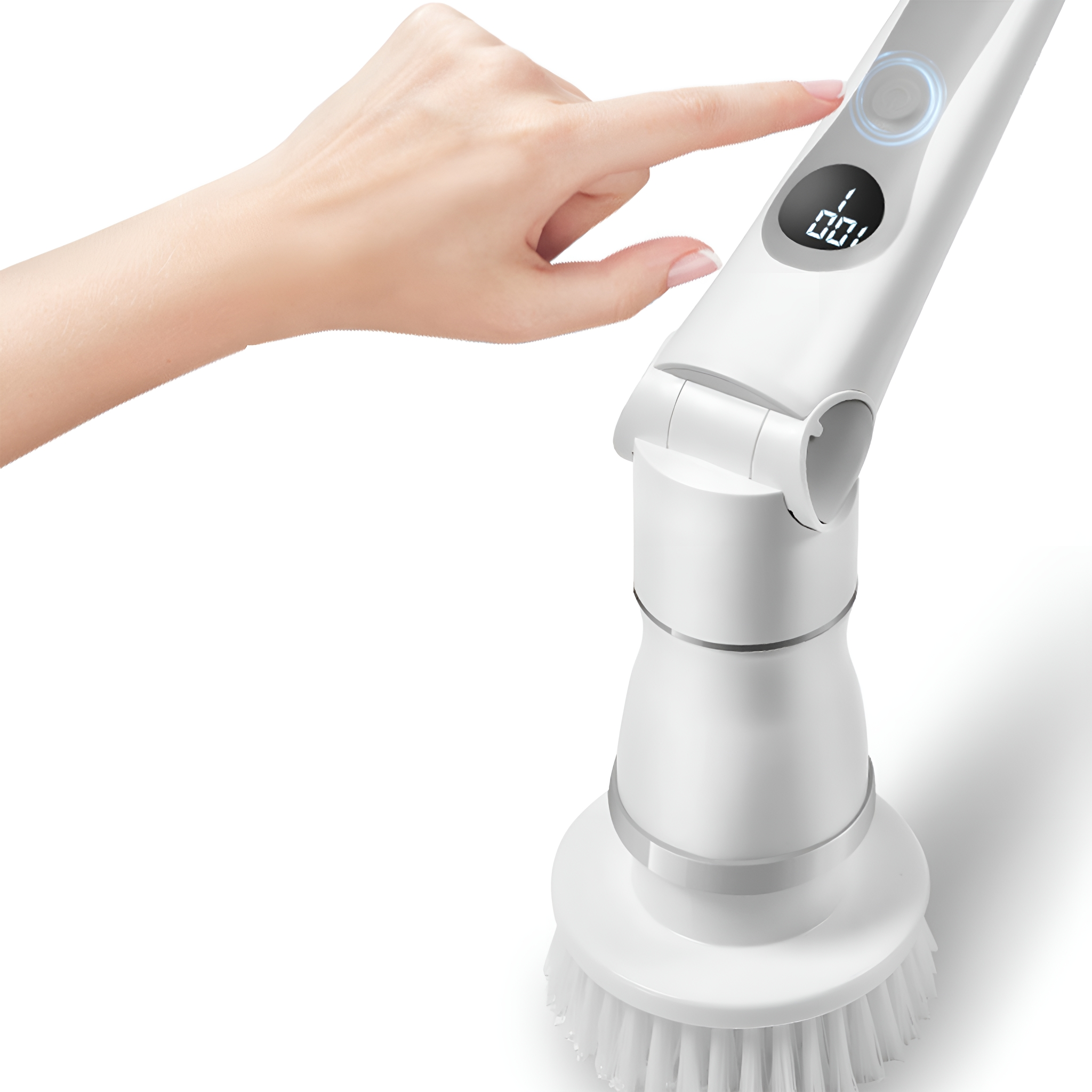 Der Finger einer Person berührt den Einschaltknopf einer weißen elektrischen Reinigungsbürste.
