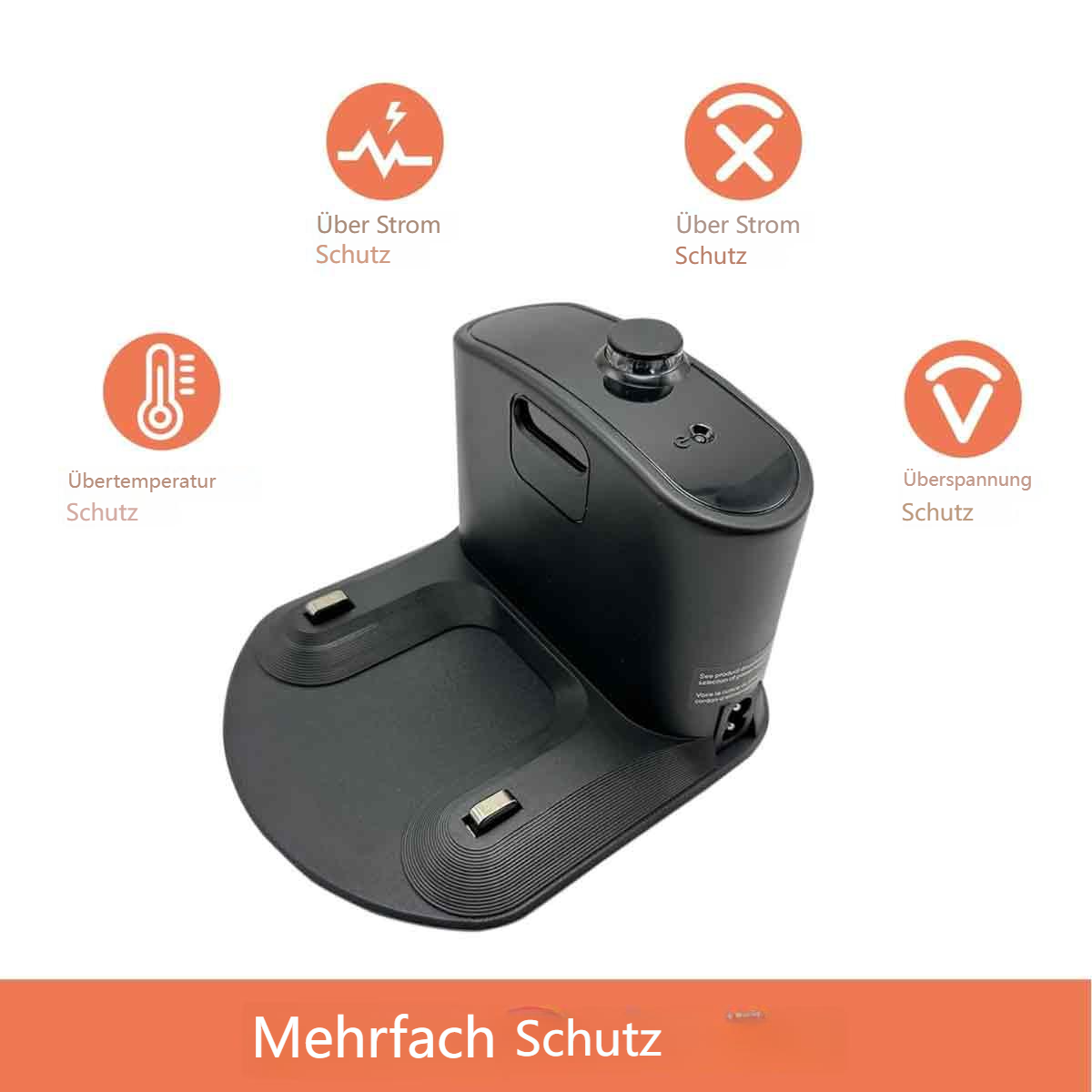 Schwarze Ladestation mit mehreren Schutzfunktionen.