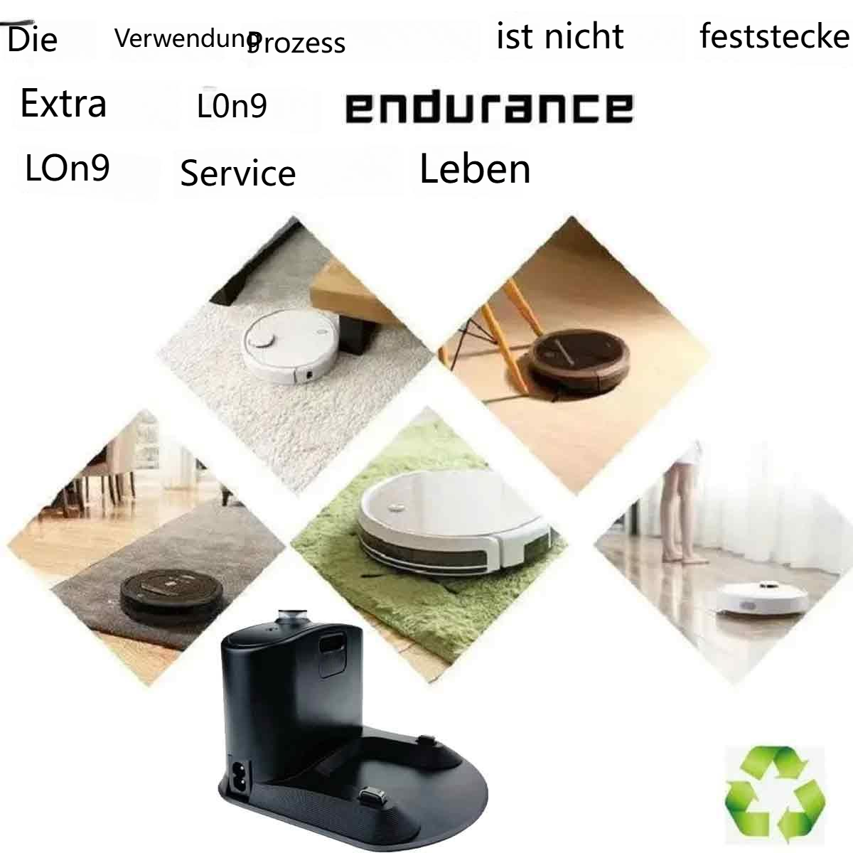 Roboterstaubsauger reinigen verschiedene Oberflächen, mit Ladestation und Text über Ausdauer.