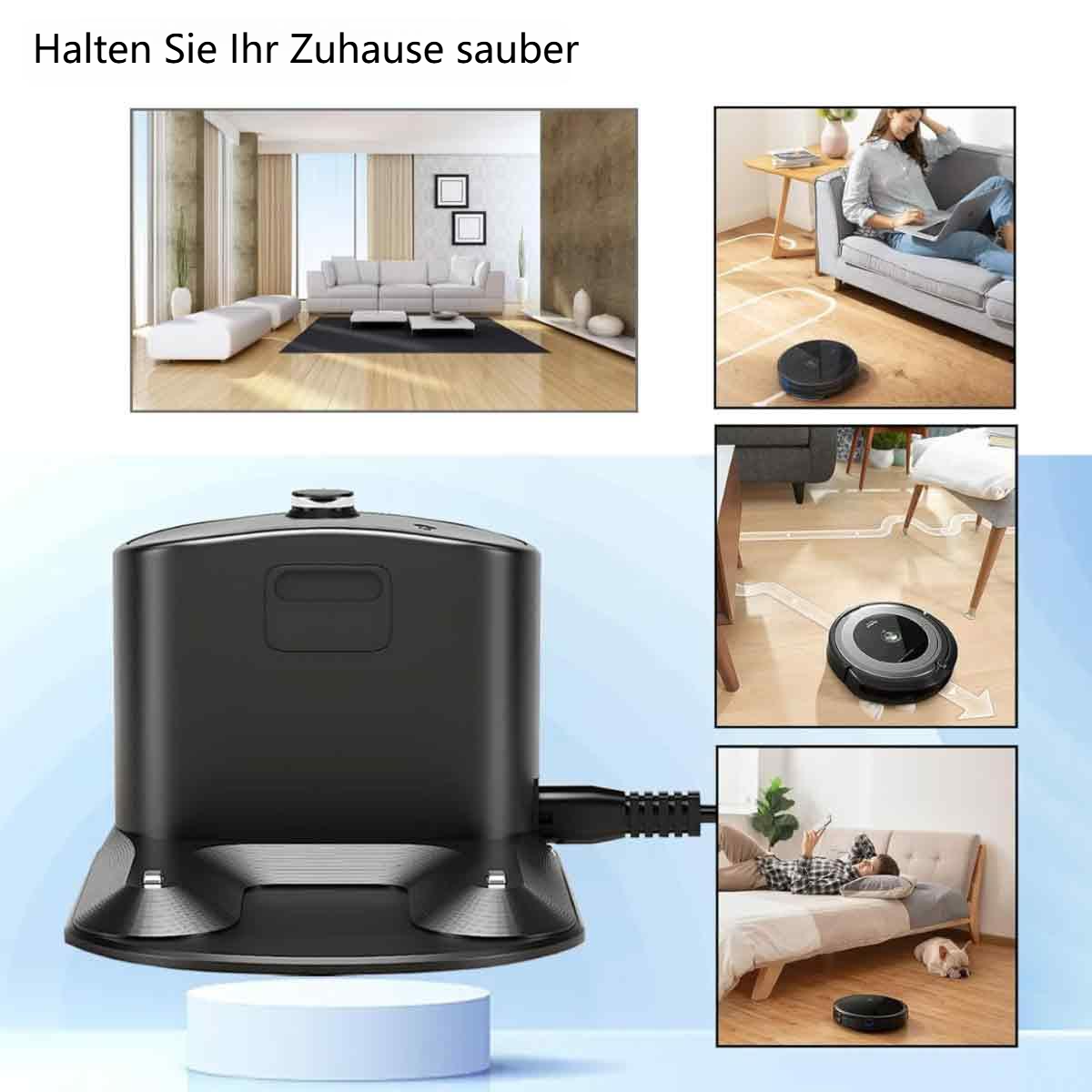 Roboter-Staubsauger reinigt einen Raum. Zusätzliche Bilder zeigen verschiedene Reinigungsszenarien.