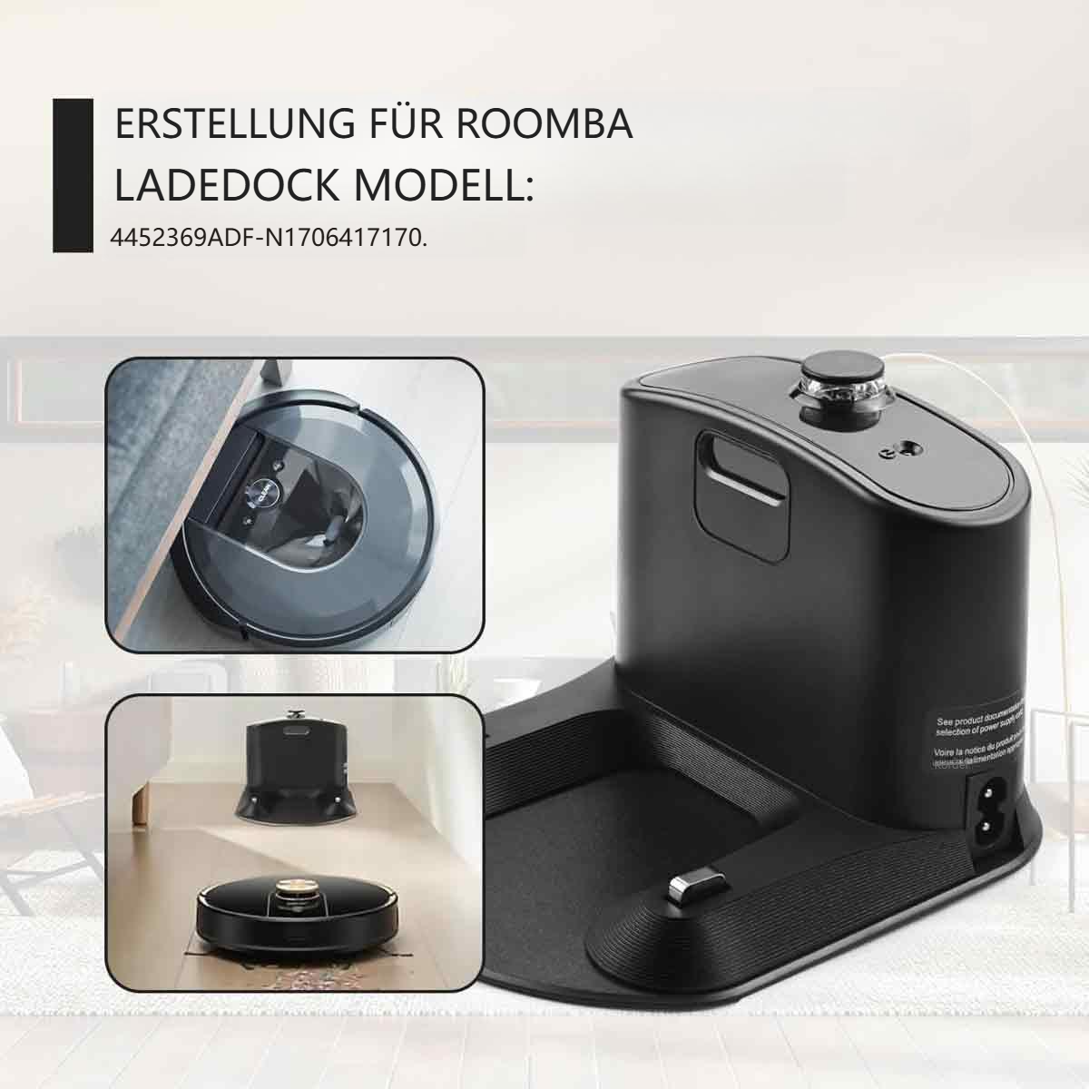 Schwarze Ladestation mit einem Roboterstaubsauger und einem Roboterstaubsauger auf dem Boden.