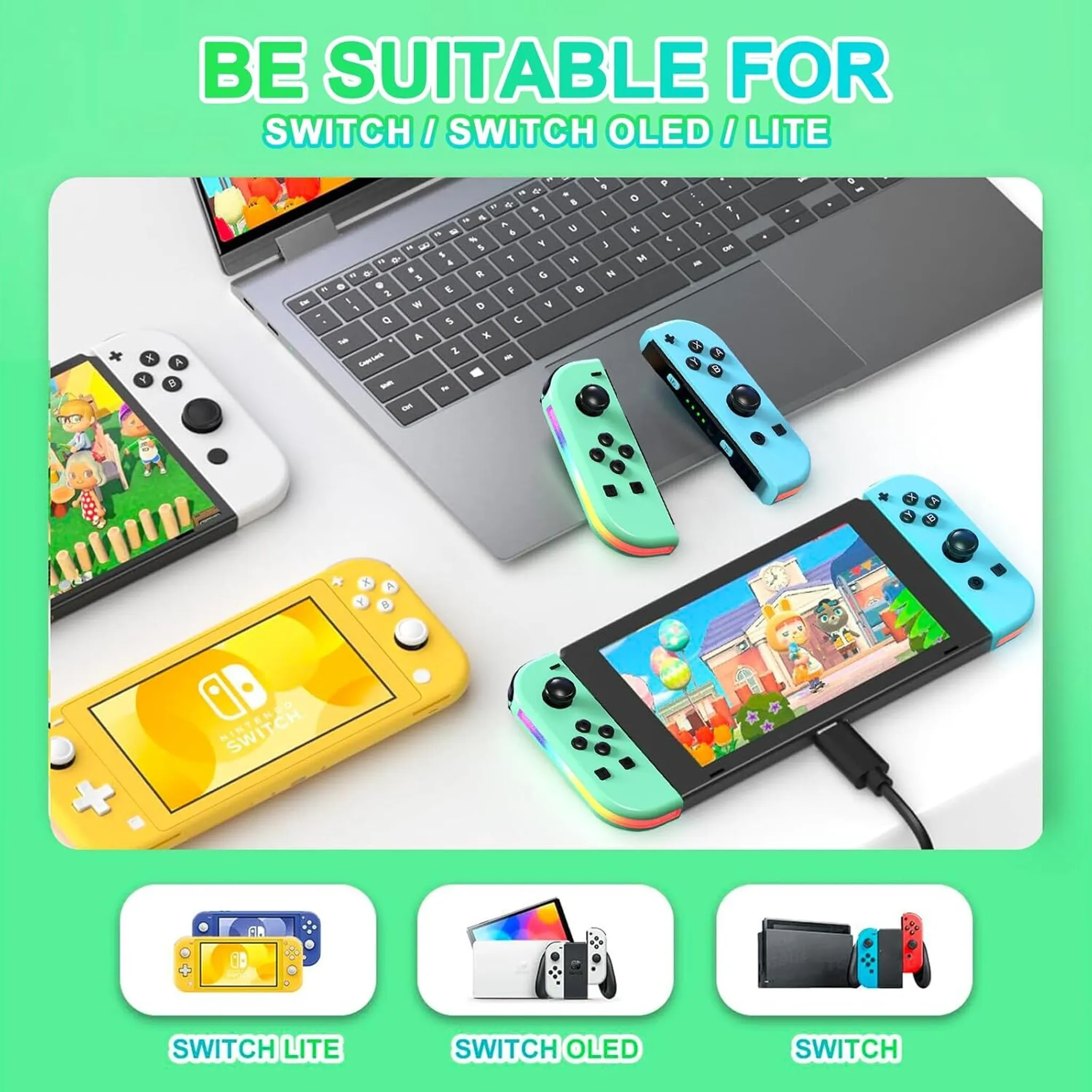 Bild von Spielekonsolen und Controllern. Es steht: 'GEEIGNET FÜR SWITCH/SWITCH OLED/LITE'.