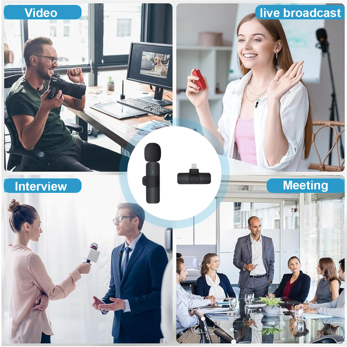 Vier Bilder, die verschiedene Anwendungen eines drahtlosen Mikrofons zeigen: Video, Live-Übertragung, Interview, Meeting.