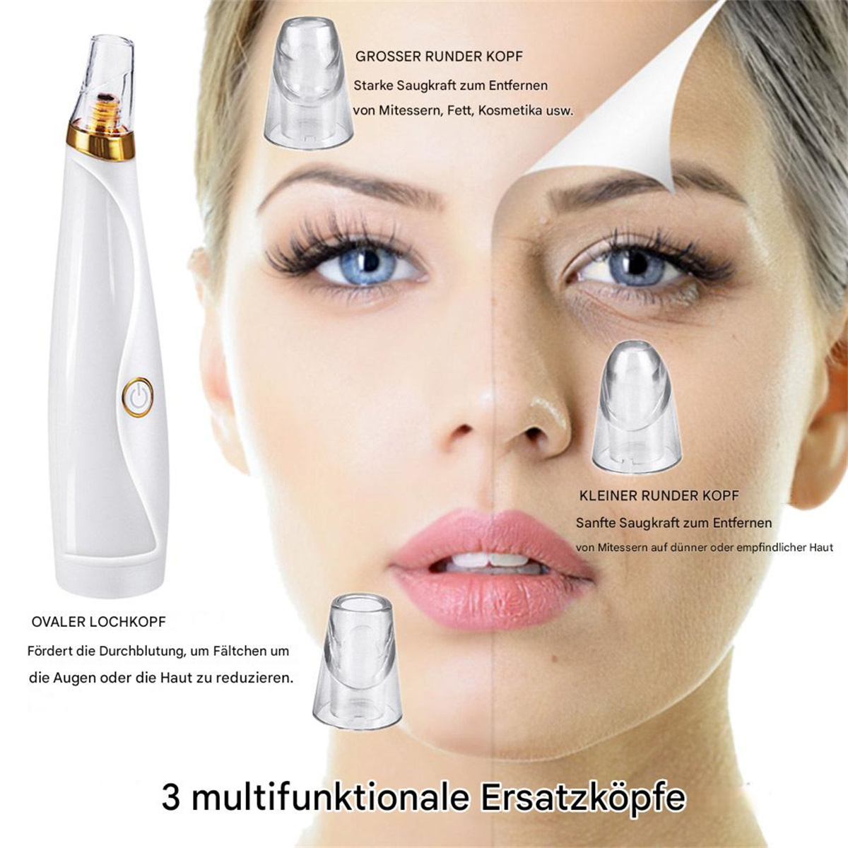 Gesicht einer Frau mit einem Gerät, das Mitesser entfernt, und ein Diagramm der Geräteköpfe.