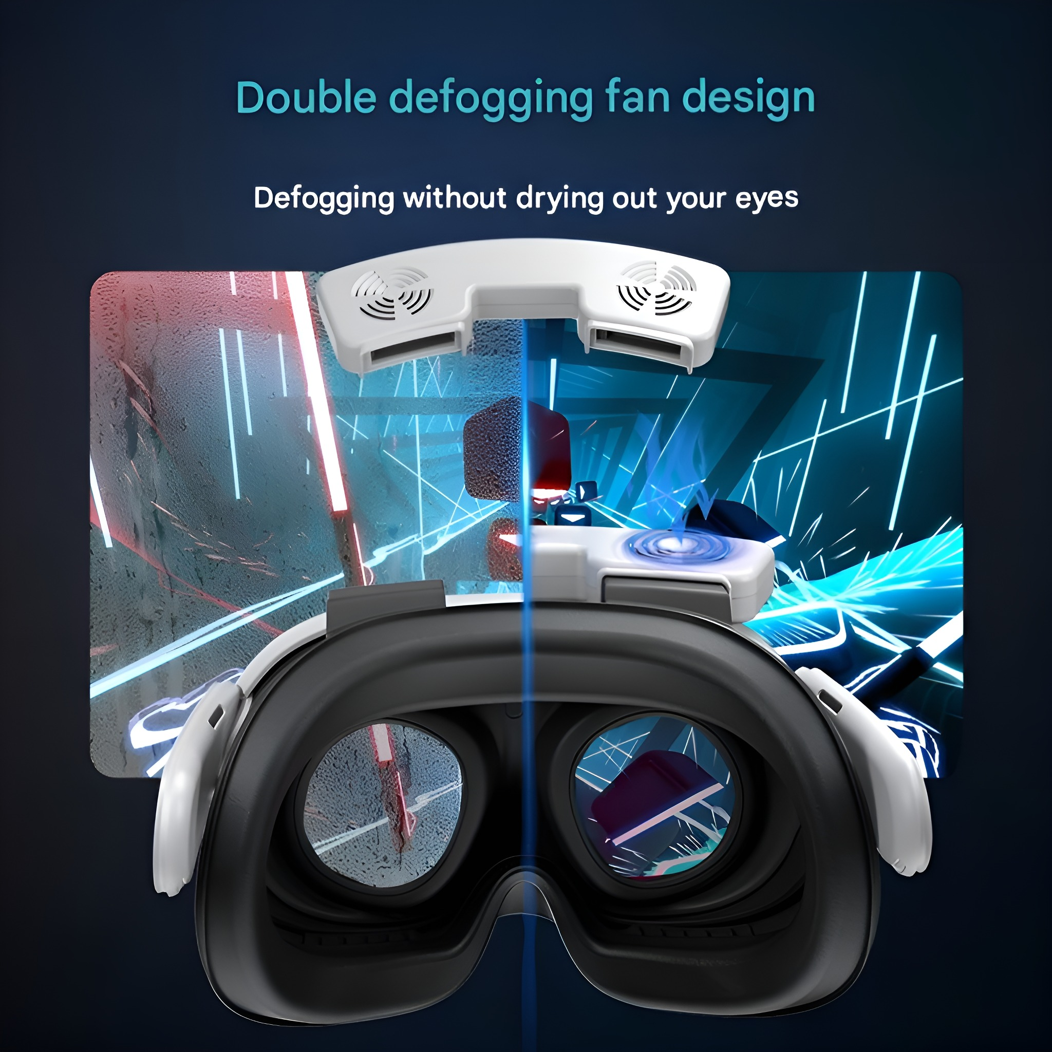 Ein VR-Headset mit einem doppelten Entlüftungsventilator-Design, das die Innenansicht und die Lüfter zeigt.