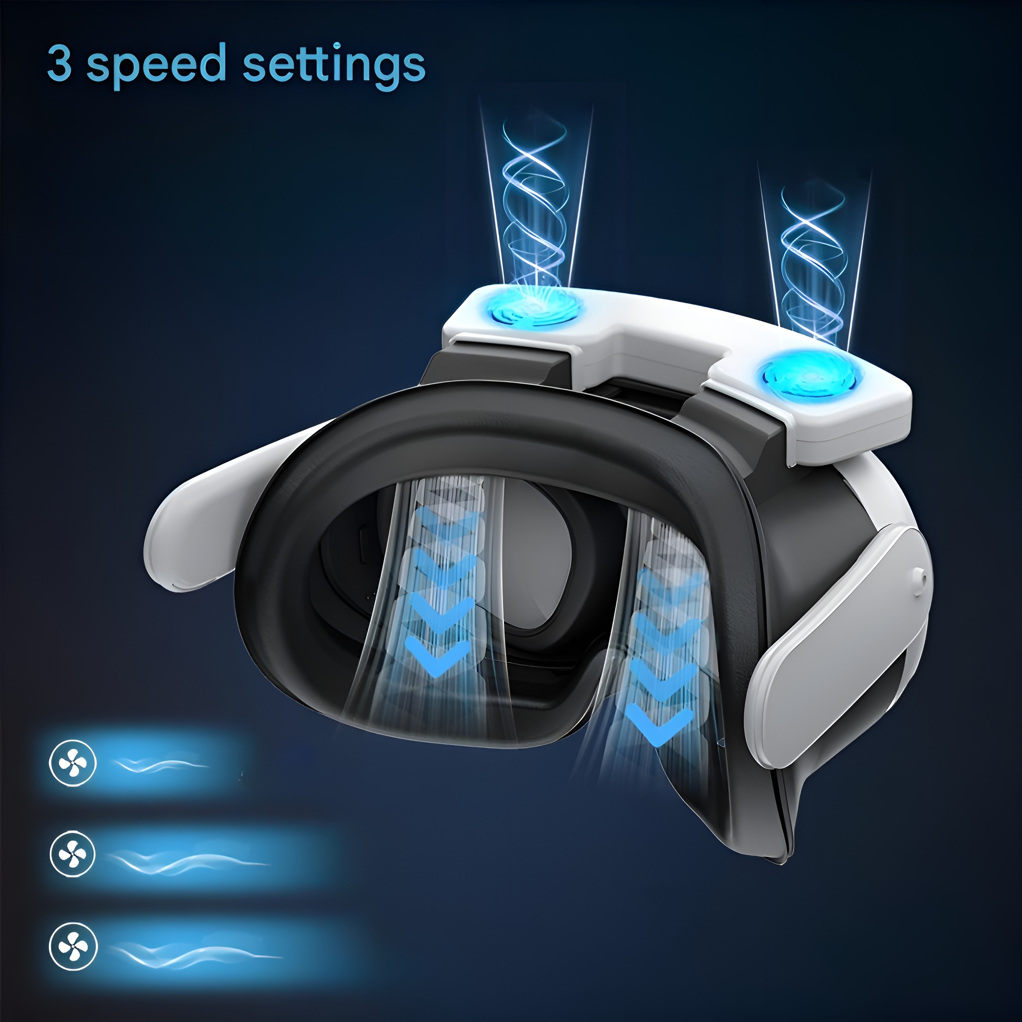 VR-Headset mit drei Geschwindigkeitseinstellungen. Pfeile zeigen den Luftstrom an. Dunkelblauer Hintergrund.
