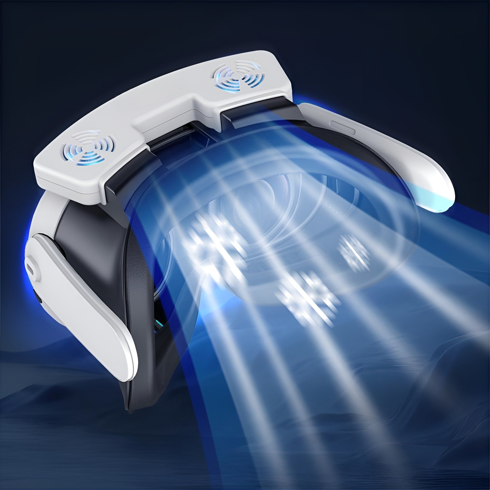 Ein VR-Headset mit zwei Ventilatoren und Lichtern, die blaue Luft ausstoßen. Es befindet sich auf einer dunkelblauen Oberfläche.