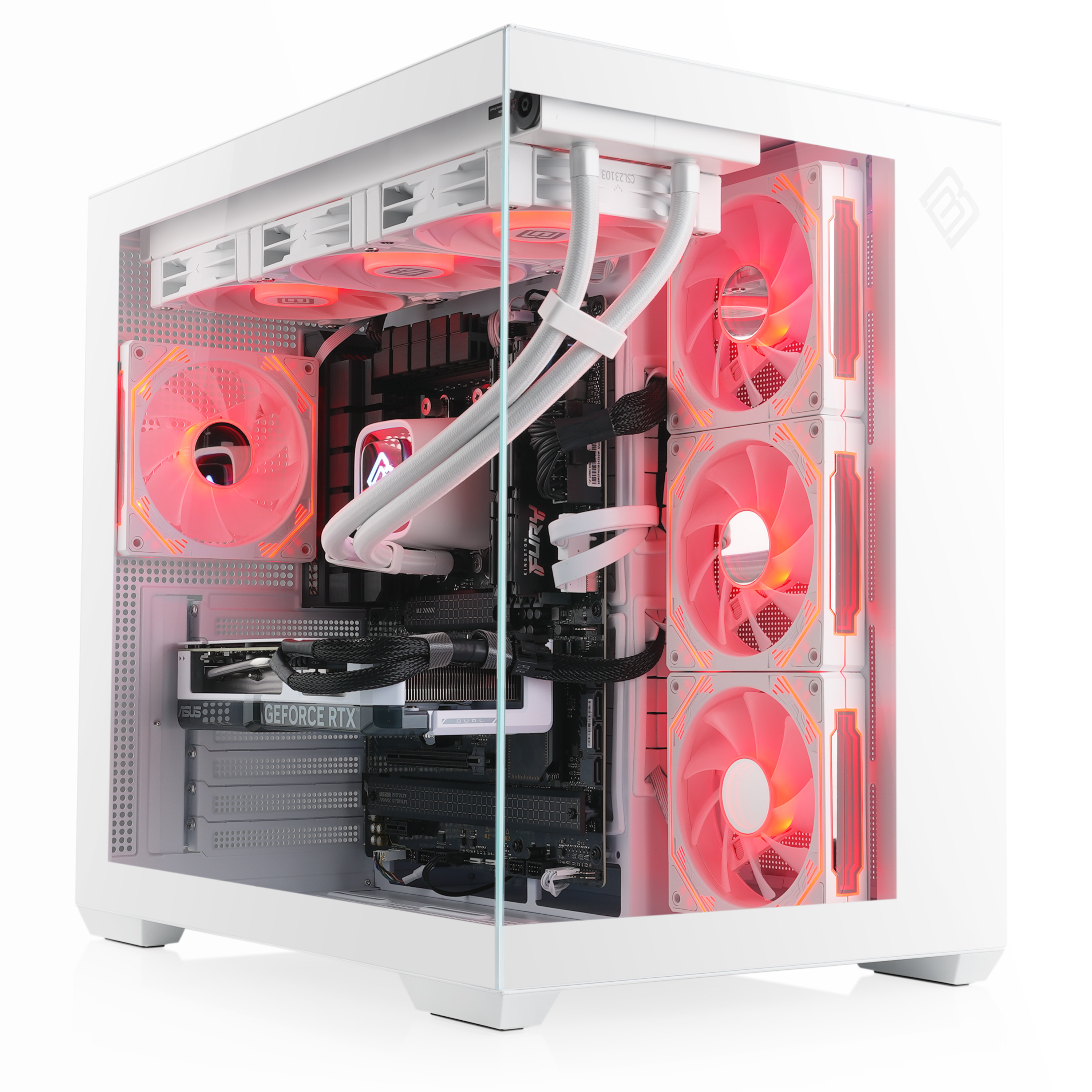 Weißes Computergehäuse mit roten Lüftern und internen Komponenten, die durch das Glas-Seitenpanel sichtbar sind.