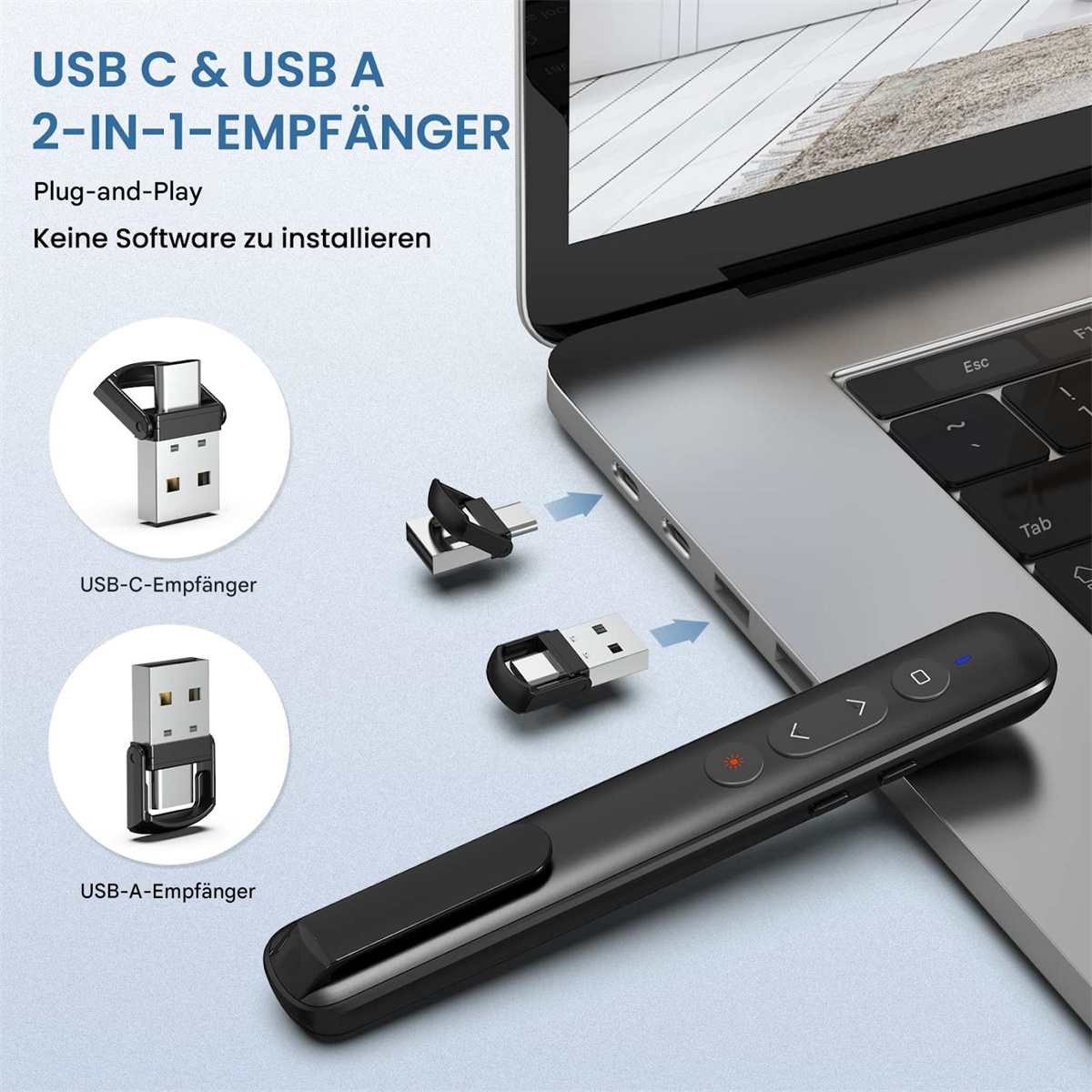 Eine Präsentationsfernbedienung mit einem Laptop und USB-Empfängern. Die Fernbedienung hat Knöpfe und ist schwarz.