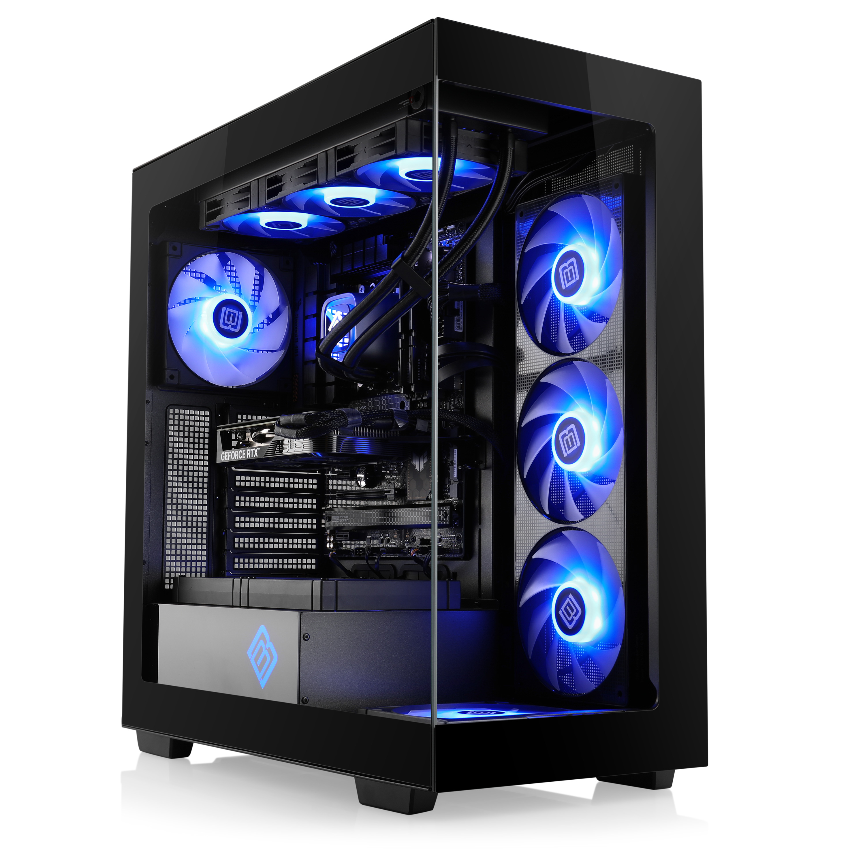 Schwarzes Computergehäuse mit blauen Lichtern, zeigt interne Komponenten.