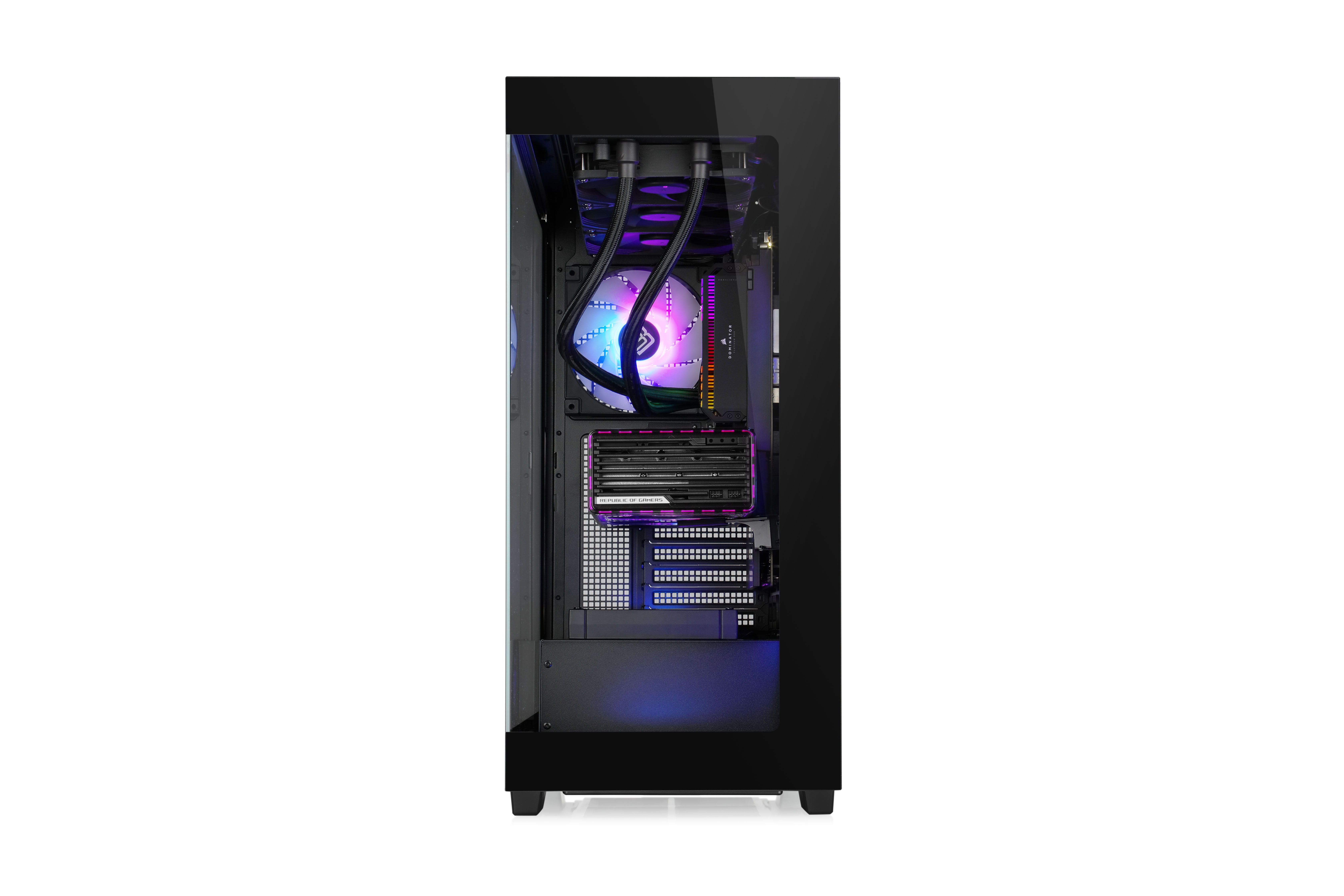 Schwarzes PC-Gehäuse-Innenteil mit Komponenten: Lüfter, Wasserkühler und GPU.