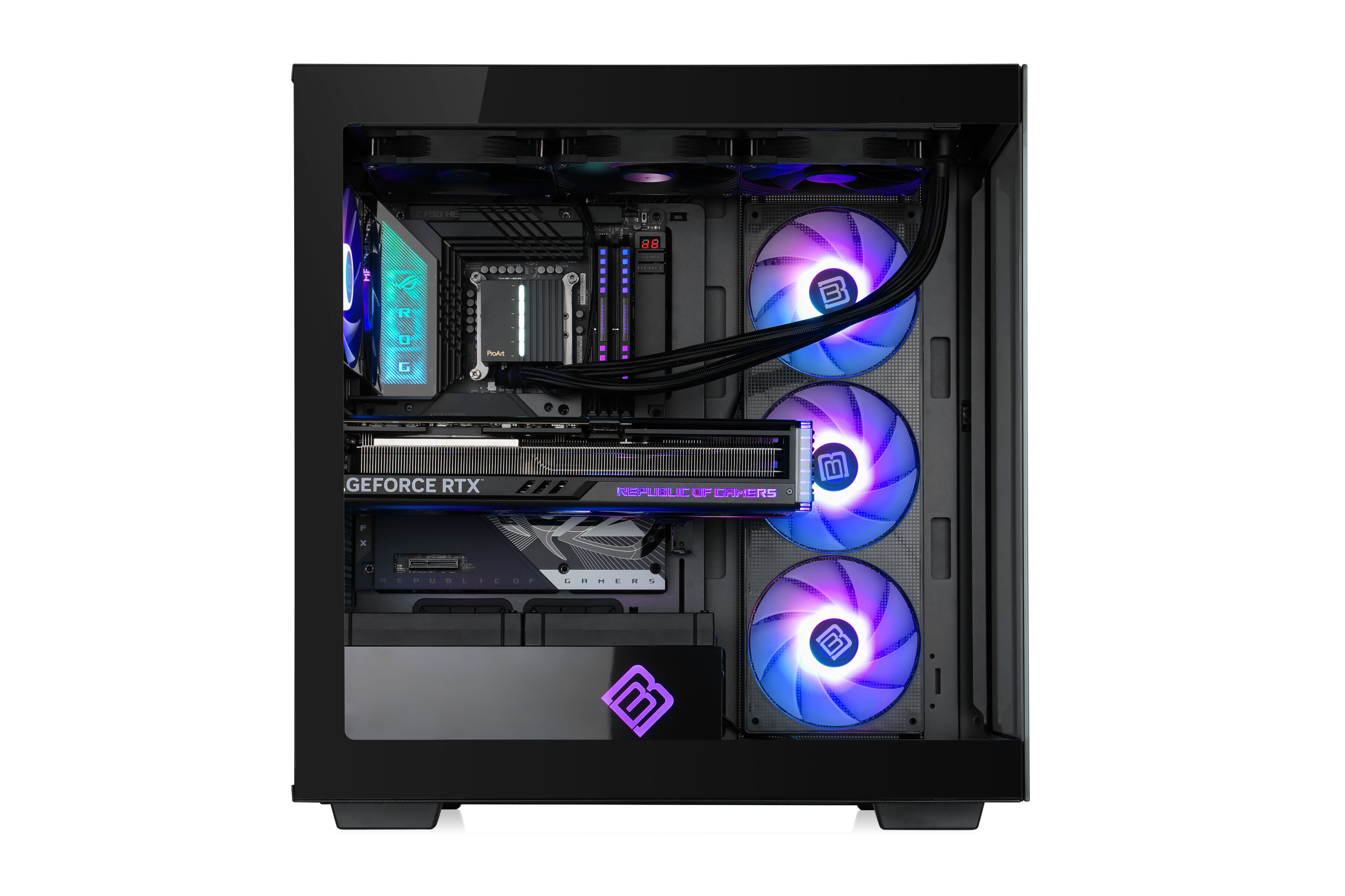 Geöffnetes Computergehäuse mit Komponenten: GPU, CPU, Lüftern und Motherboard. Schwarzes Gehäuse mit Glasplatte.