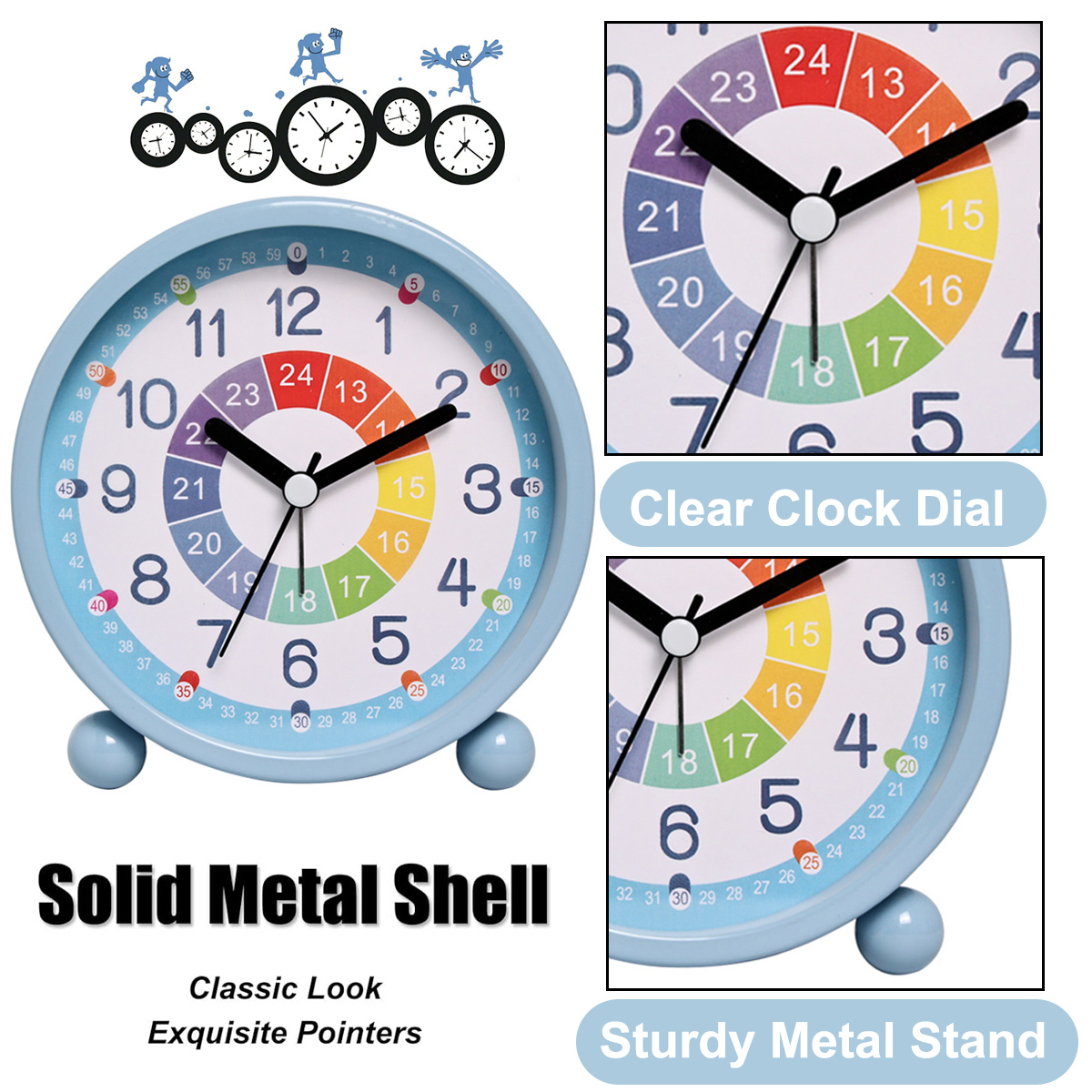 Blauer Wecker mit farbenfrohem Zifferblatt und stabilem Metallständer. Details der Uhr werden gezeigt.