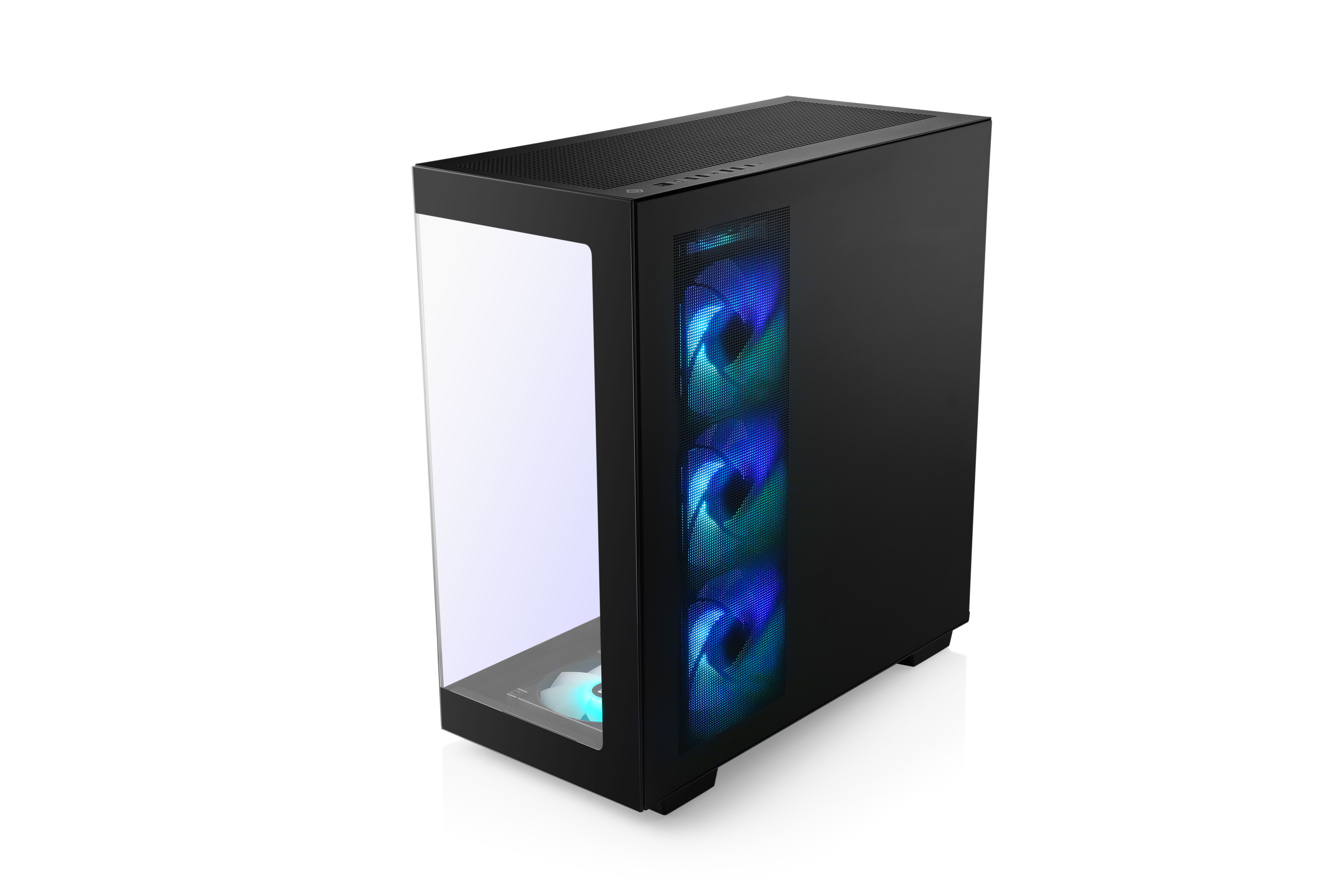 Schwarzes PC-Gehäuse mit Glas-Seitenwand, zeigt interne Lüfter mit bunten Lichtern.