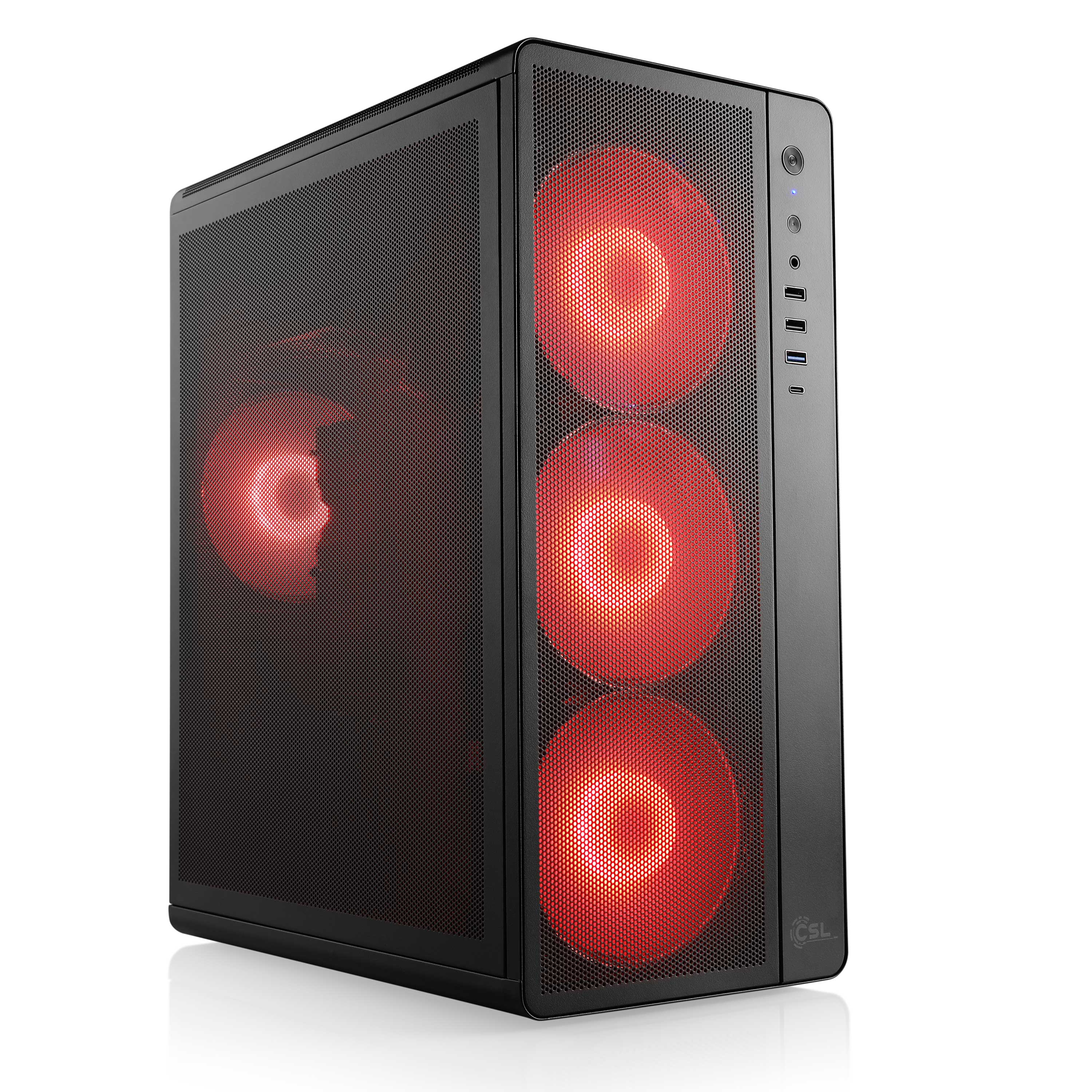 Schwarzes Computergehäuse mit rot beleuchteten Lüftern, die durch die Gitterfront sichtbar sind. Hat USB-Anschlüsse.