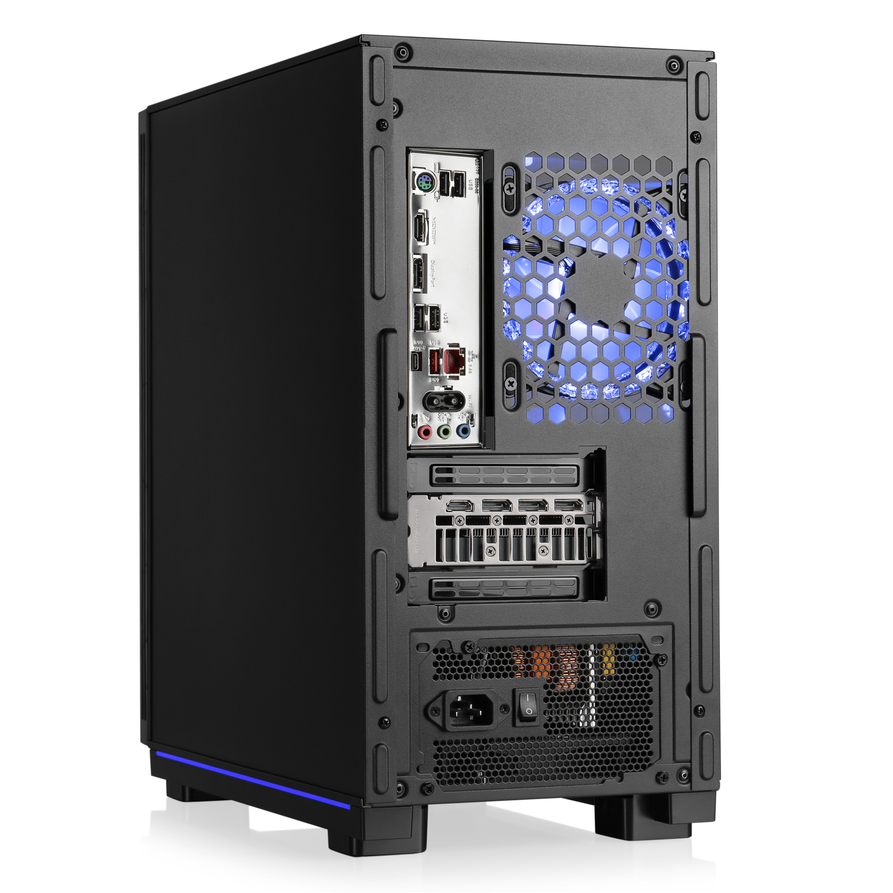 Retro di un case per computer nero con ventola illuminata di blu, porte e alimentatore.