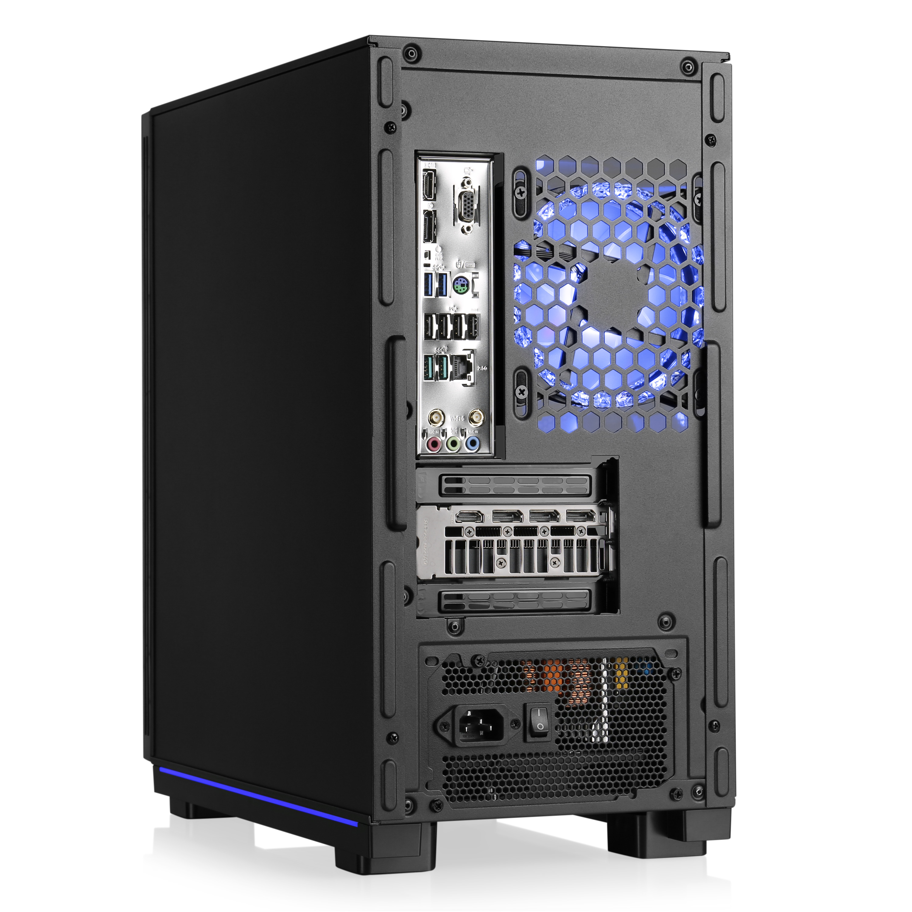 Retro di un case nero per computer con luce blu e molte porte. Sfondo bianco.