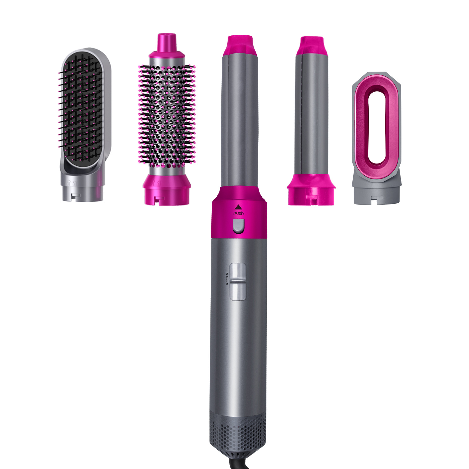 Haarstyling-Gerät mit mehreren Aufsätzen, rosa und grau.