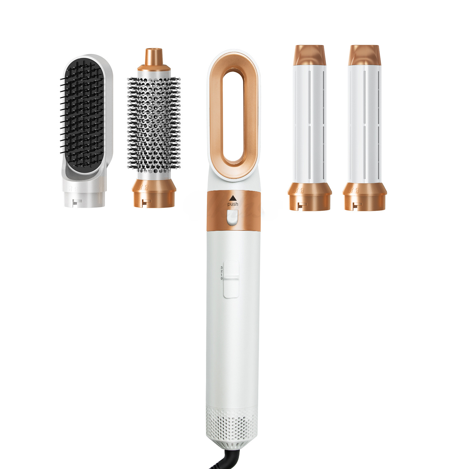 Haarstyler mit mehreren Aufsätzen, weiß und gold, auf weißem Hintergrund.