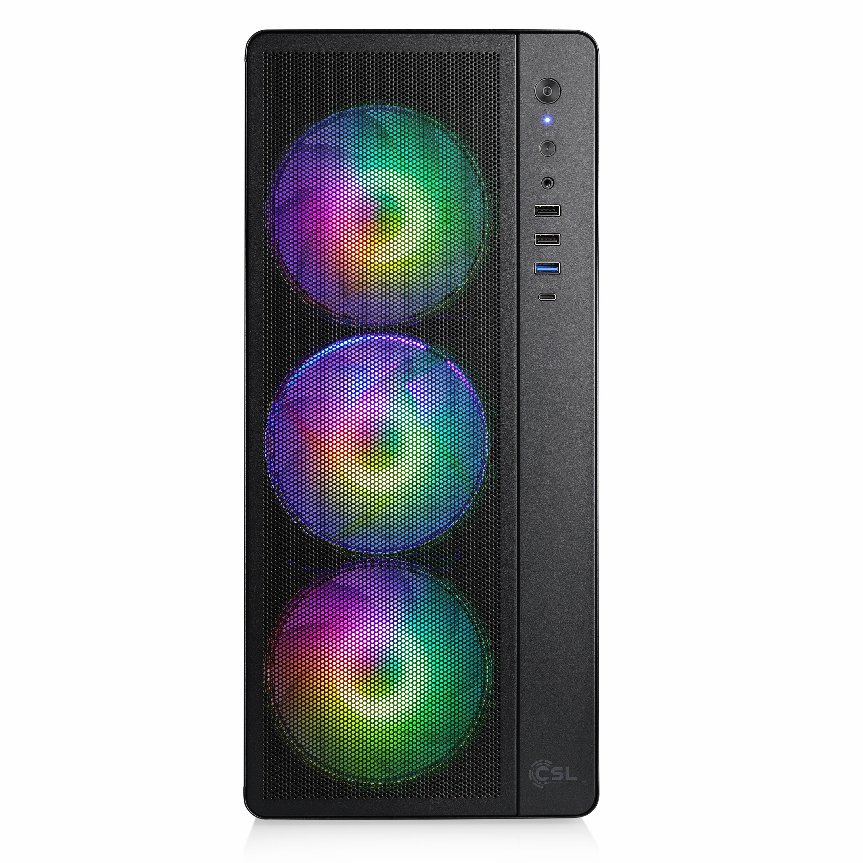 Un boîtier d'ordinateur noir avec trois ventilateurs colorés, un bouton d'alimentation et des ports USB.