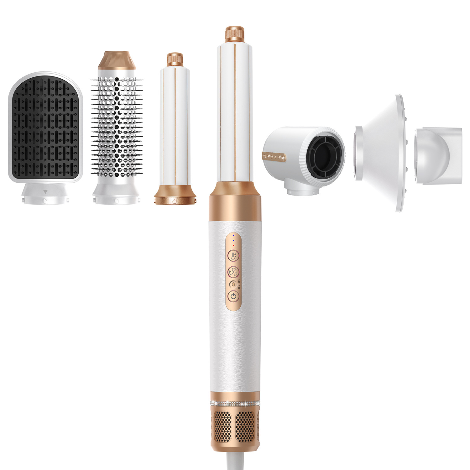 Weißes und goldenes Haarstyling-Set mit verschiedenen Aufsätzen. Enthält ein Hauptteil mit Knöpfen und Netzkabel.