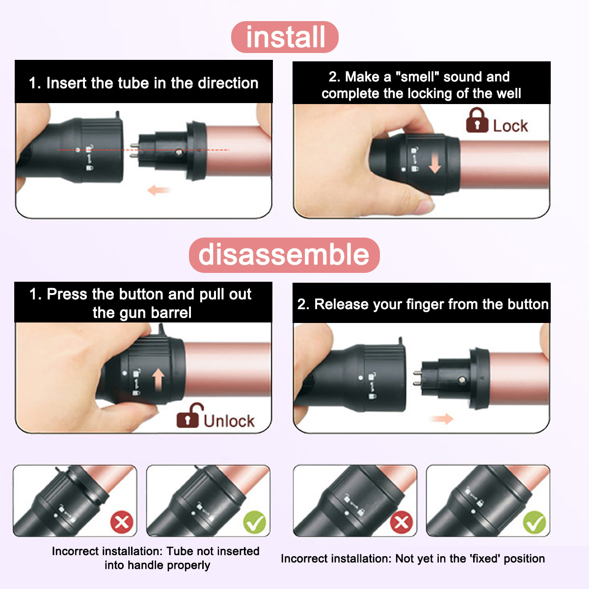 Anweisungen zeigen, wie man einen Lockenstab anhand von Diagrammen installiert und zerlegt.