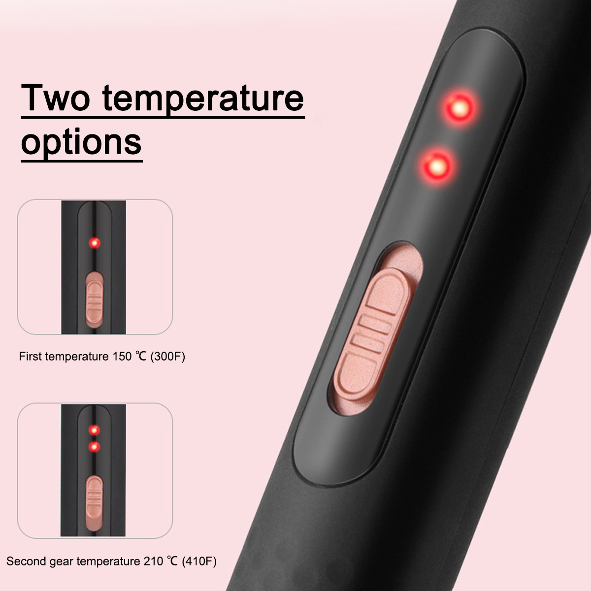 Schwarzes Haarstyling-Gerät mit zwei Temperatureinstellungen, angezeigt durch rote Lichter.