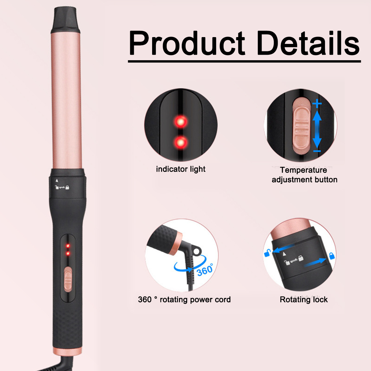 Ein schwarz-roségoldfarbener Lockenstab mit Produktdetails. Enthält Kontrollleuchte und drehbares Kabel.