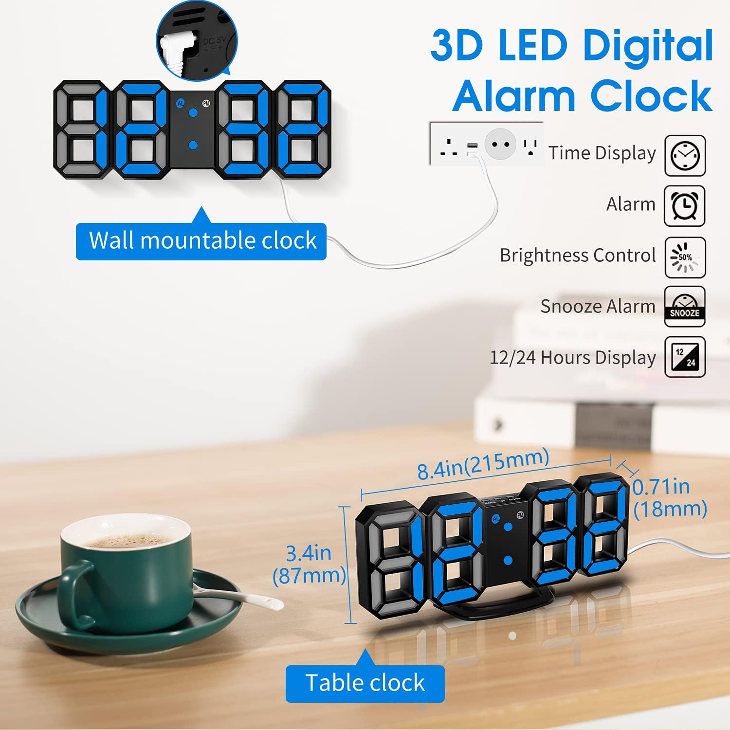 3D LED Digital Wecker. Blaue Anzeige, schwarzer Rahmen. Zeigt die Uhrzeit. Kann auf den Tisch oder die Wand gestellt werden.