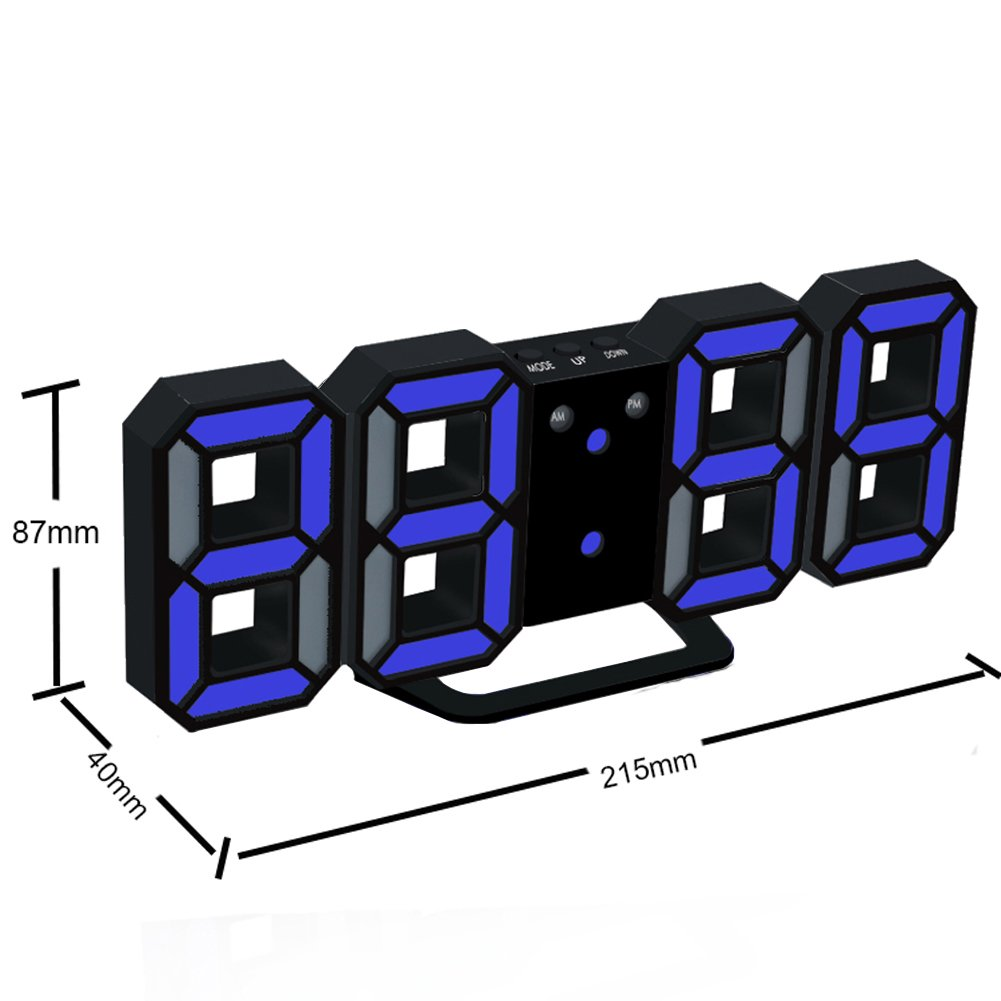 Digitaluhr mit blauen Ziffern. Schwarzer Rahmen mit Tasten. Abmessungen sind angegeben.