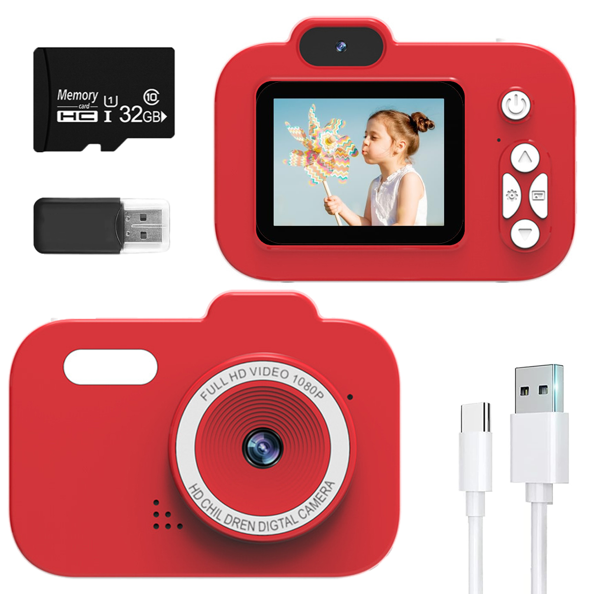 Fotocamera rossa per bambini con schermo che mostra una bambina che soffia su un mulinello, e accessori.