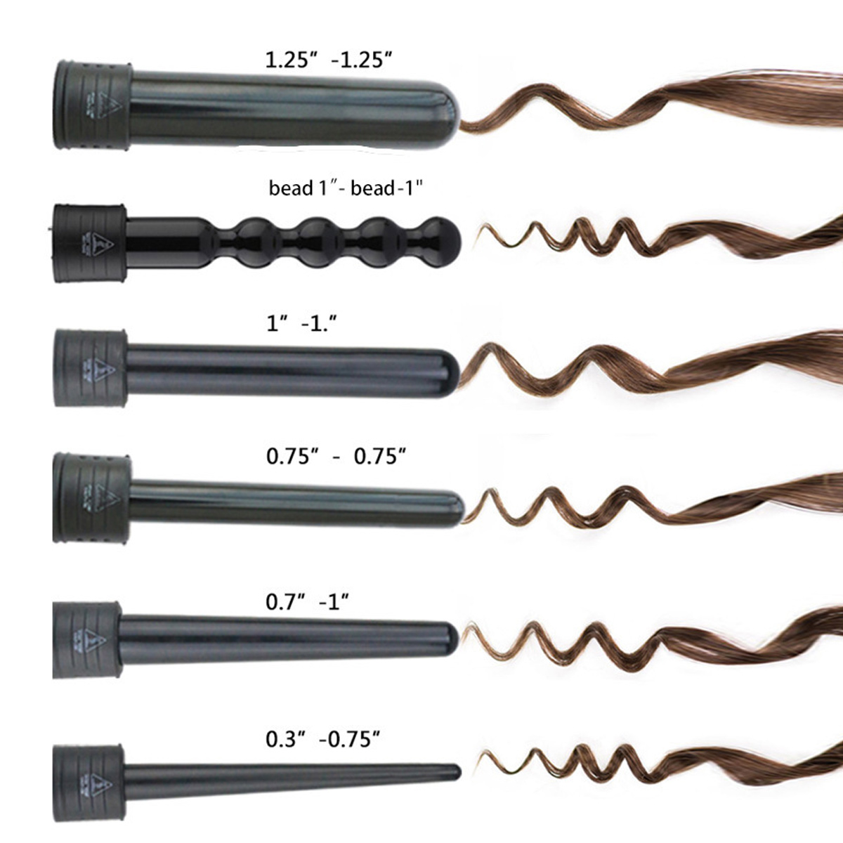 Sechs schwarze Lockenstabläufe in verschiedenen Größen und braune Haarsträhnen auf Weiß.