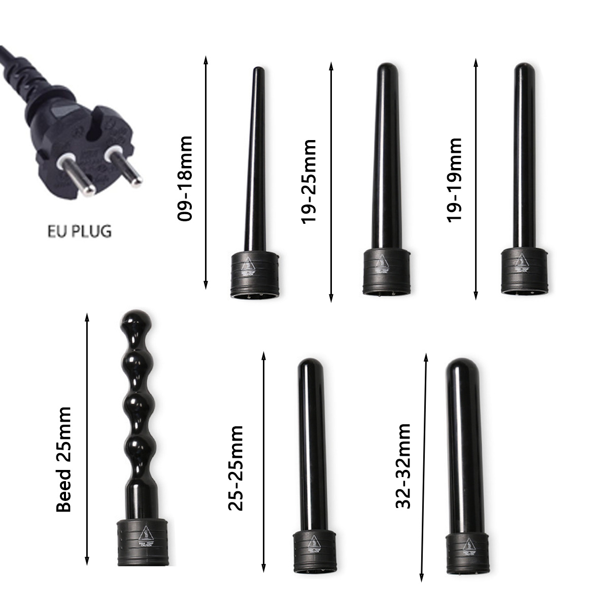 Lockenstab-Aufsätze mit Abmessungen und einem europäischen Stecker.