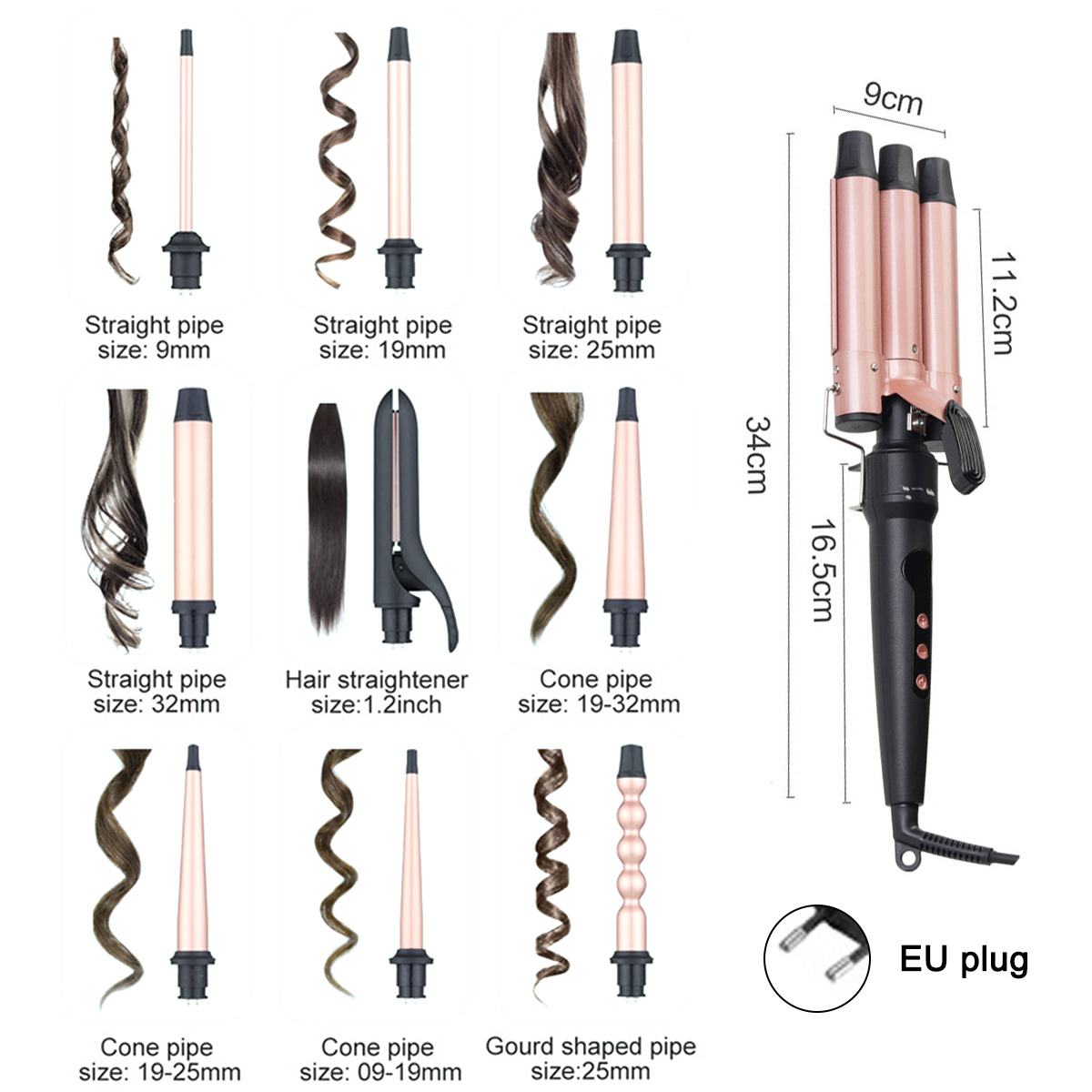 Ein Lockenstab mit Aufsätzen, die verschiedene Haar-Locken-Stile und Abmessungen zeigen.