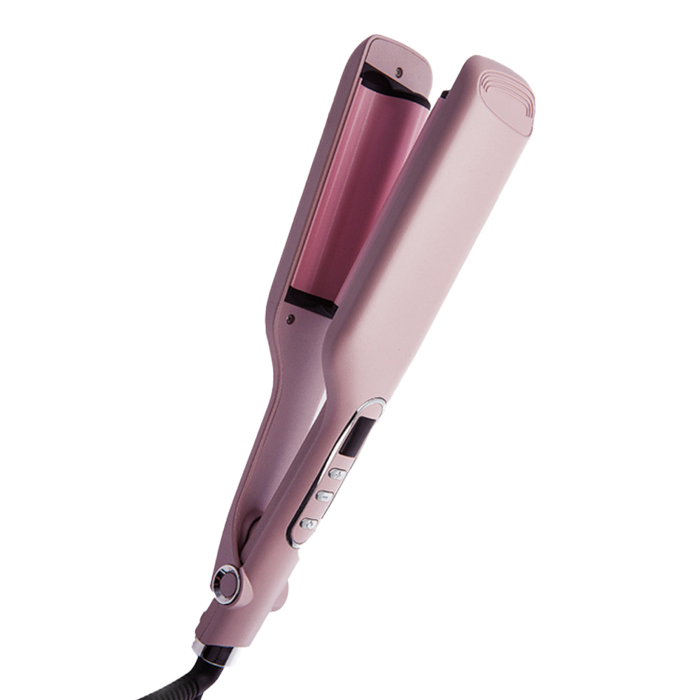 Pinker Haarkrepper auf weißem Hintergrund. Es ist geöffnet und zeigt die gekreppten Platten.