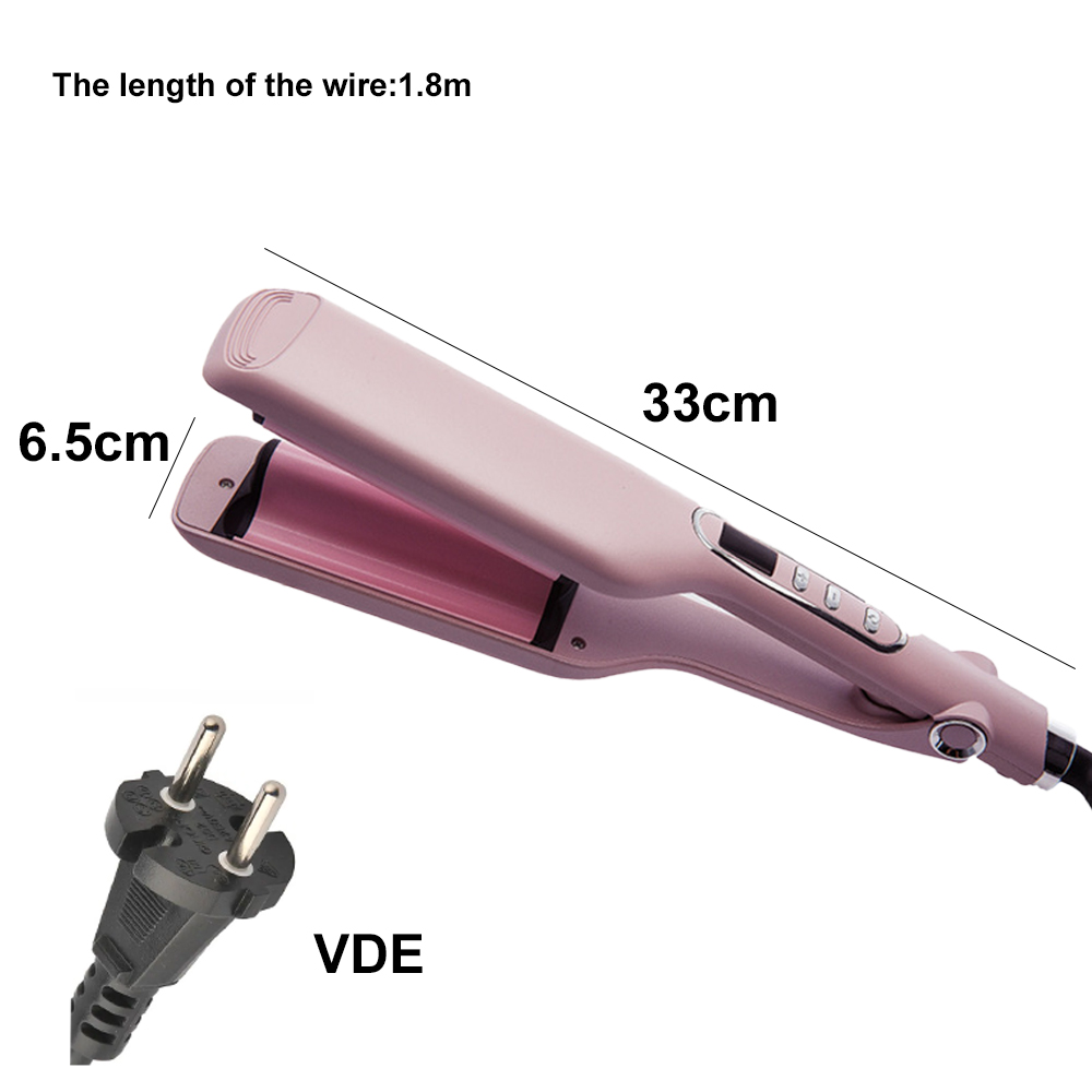 Rosafarbenes Glätteisen mit Maßen und EU-Stecker. Kabellänge 1,8 m, Glätteisen 33 cm lang, 6,5 cm breit.